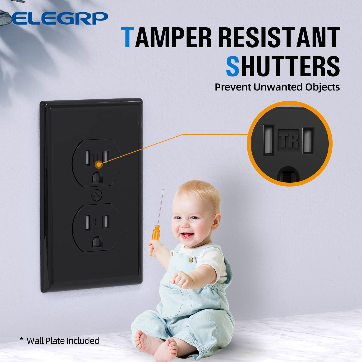 ELEGRP Tamper-Resistant Duplex Receptacle, 15A 125V, Self-Grounding Standard Wall Outlet, Residential Grade, UL Listed, White/Black