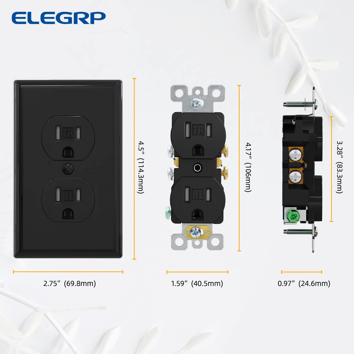 ELEGRP Tamper-Resistant Duplex Receptacle, 15A 125V, Self-Grounding Standard Wall Outlet, Residential Grade, UL Listed, White/Black