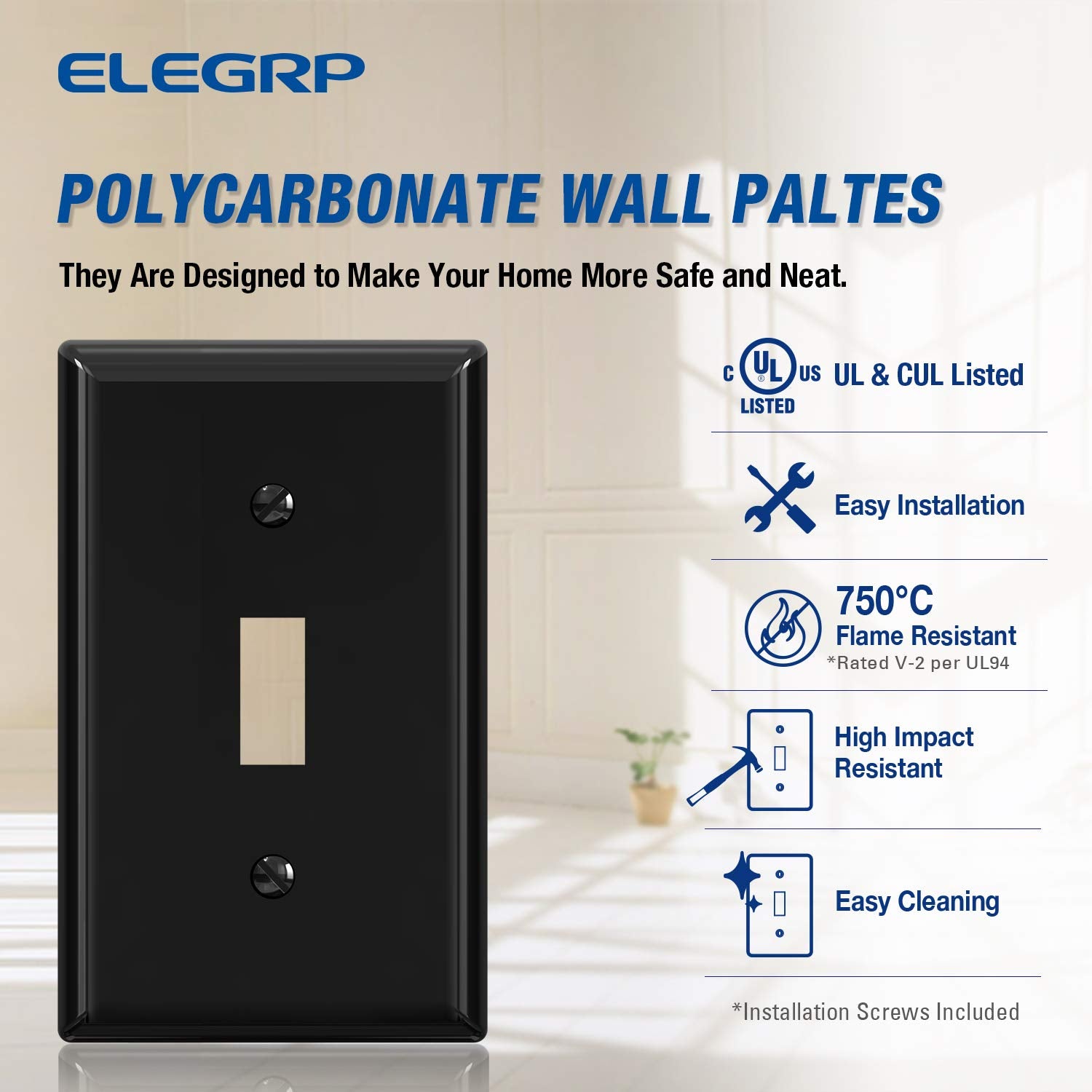 ELEGRP Toggle Light Switch Wall Plate, 1-Gang & 2-Gang Standard Size, Unbreakable Thermoplastic Covers, 5 Pack, Black/White