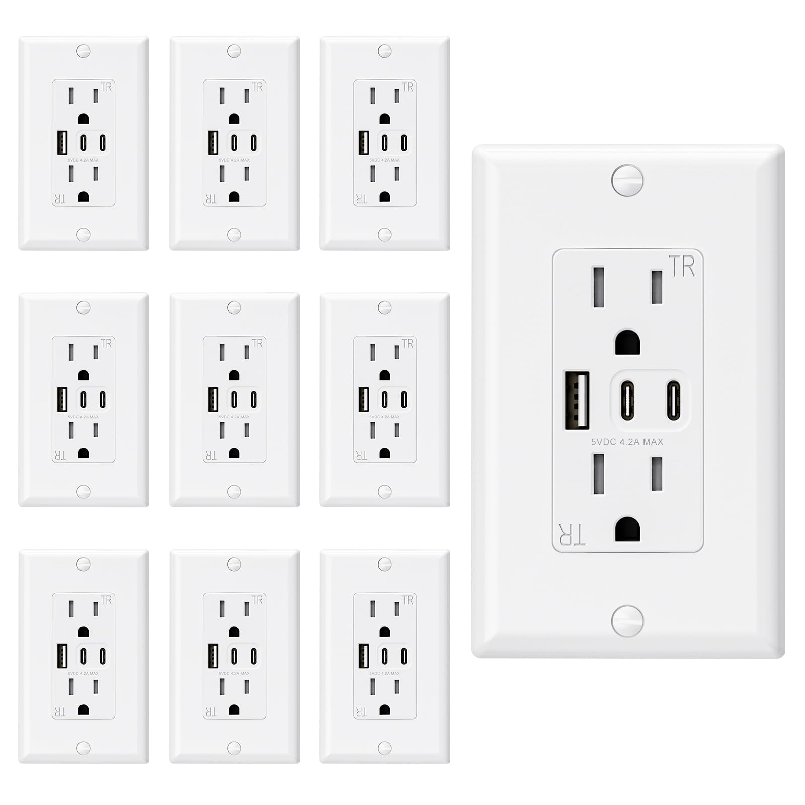 ELEGRP USB Wall Outlet, 3 USB Ports with Dual USB-C, 4.2A Fast Charging, Tamper-Resistant, Wall Plate Included, UL Listed