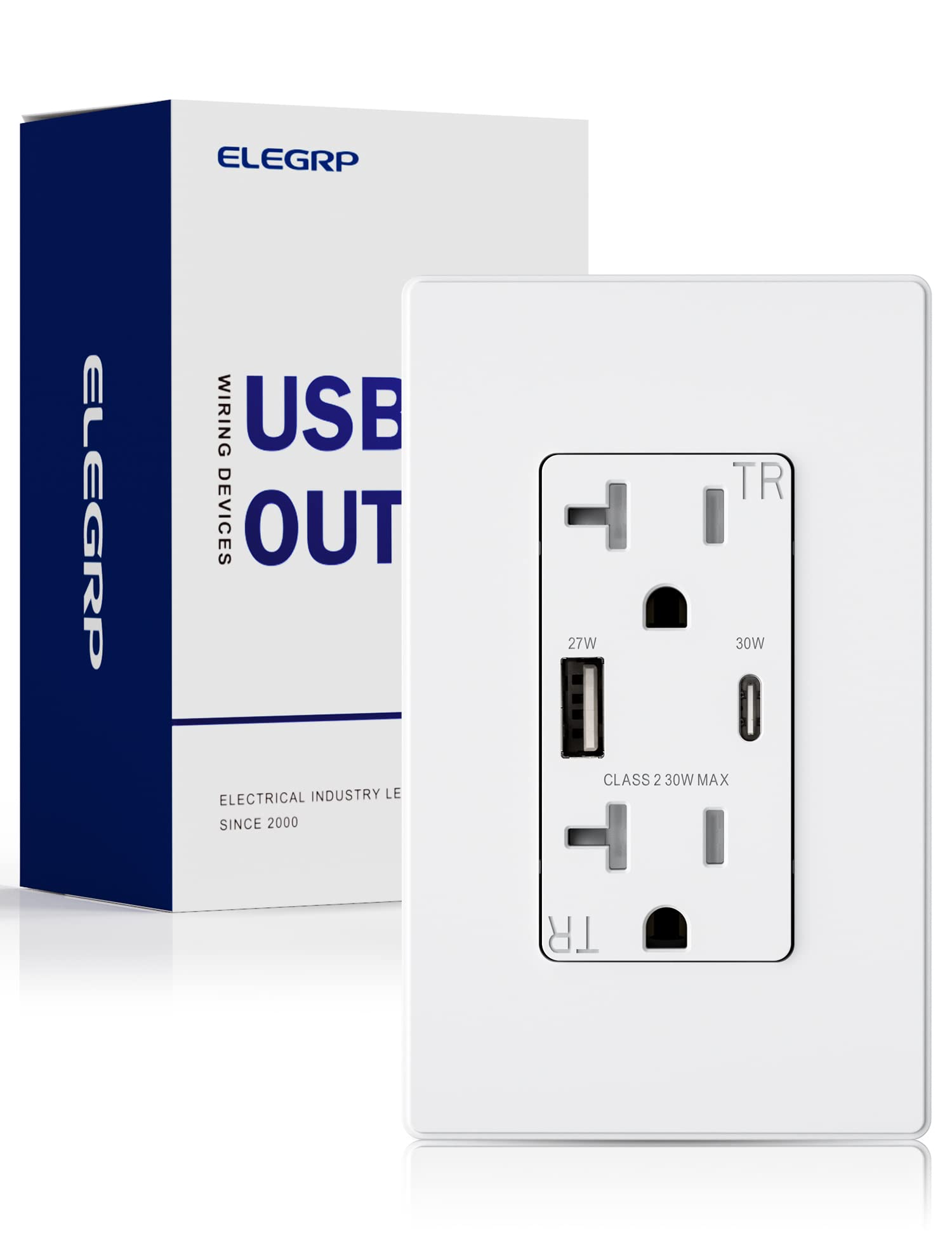 ELEGRP USB Wall Outlet, 30W High-Speed Charging, Dual USB-A & USB-C Ports, Tamper-Resistant, Screwless Wall Plate Included
