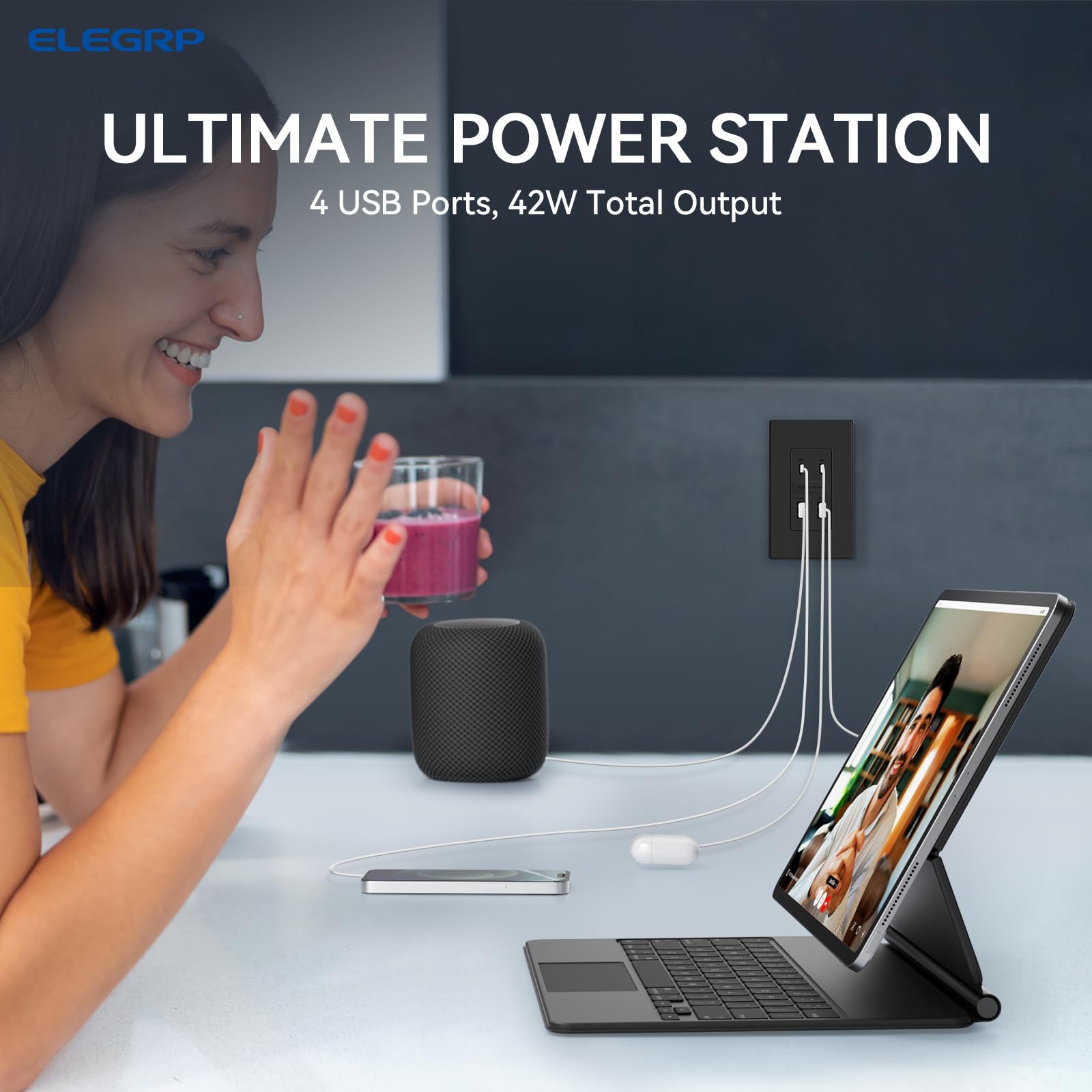 ELEGRP USB Wall Outlet, 4-Port 42W Fast Charger with Dual USB-C and Dual USB-A Ports, PD 3.0 & QC 3.0 Support, Screwless Wall Plate Included, UL Listed