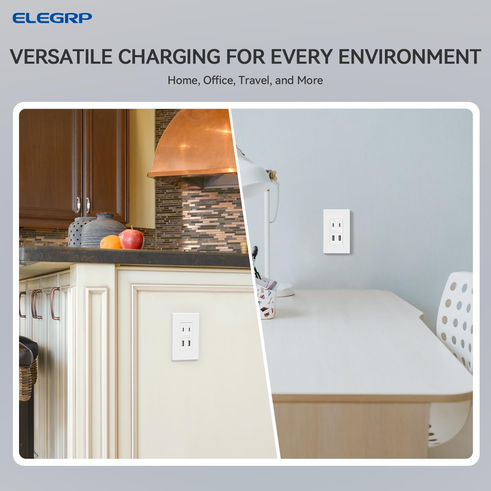 ELEGRP USB Wall Outlet, 4-Port 42W Fast Charger with Dual USB-C and Dual USB-A Ports, PD 3.0 & QC 3.0 Support, Screwless Wall Plate Included, UL Listed