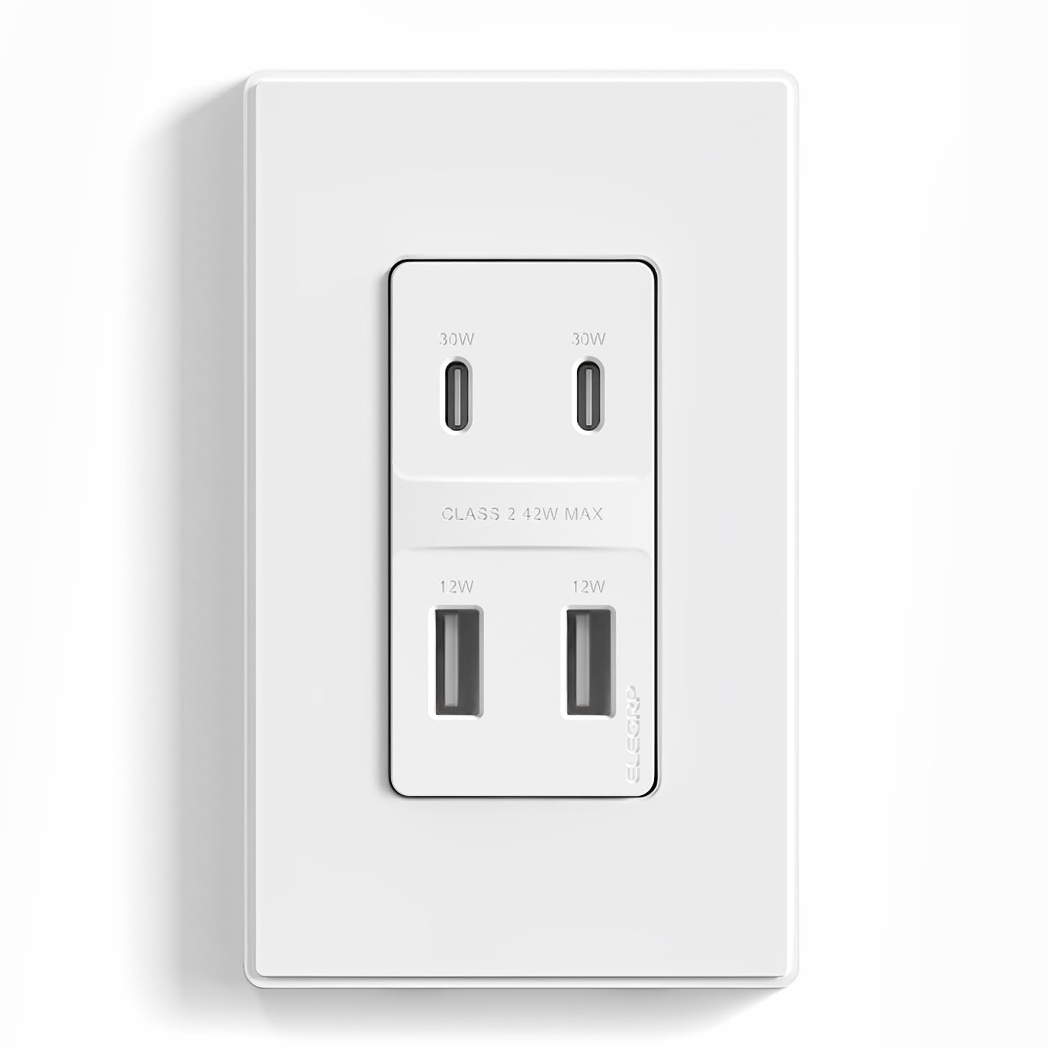 ELEGRP USB Wall Outlet, 4-Port 42W Fast Charger with Dual USB-C and Dual USB-A Ports, PD 3.0 & QC 3.0 Support, Screwless Wall Plate Included, UL Listed