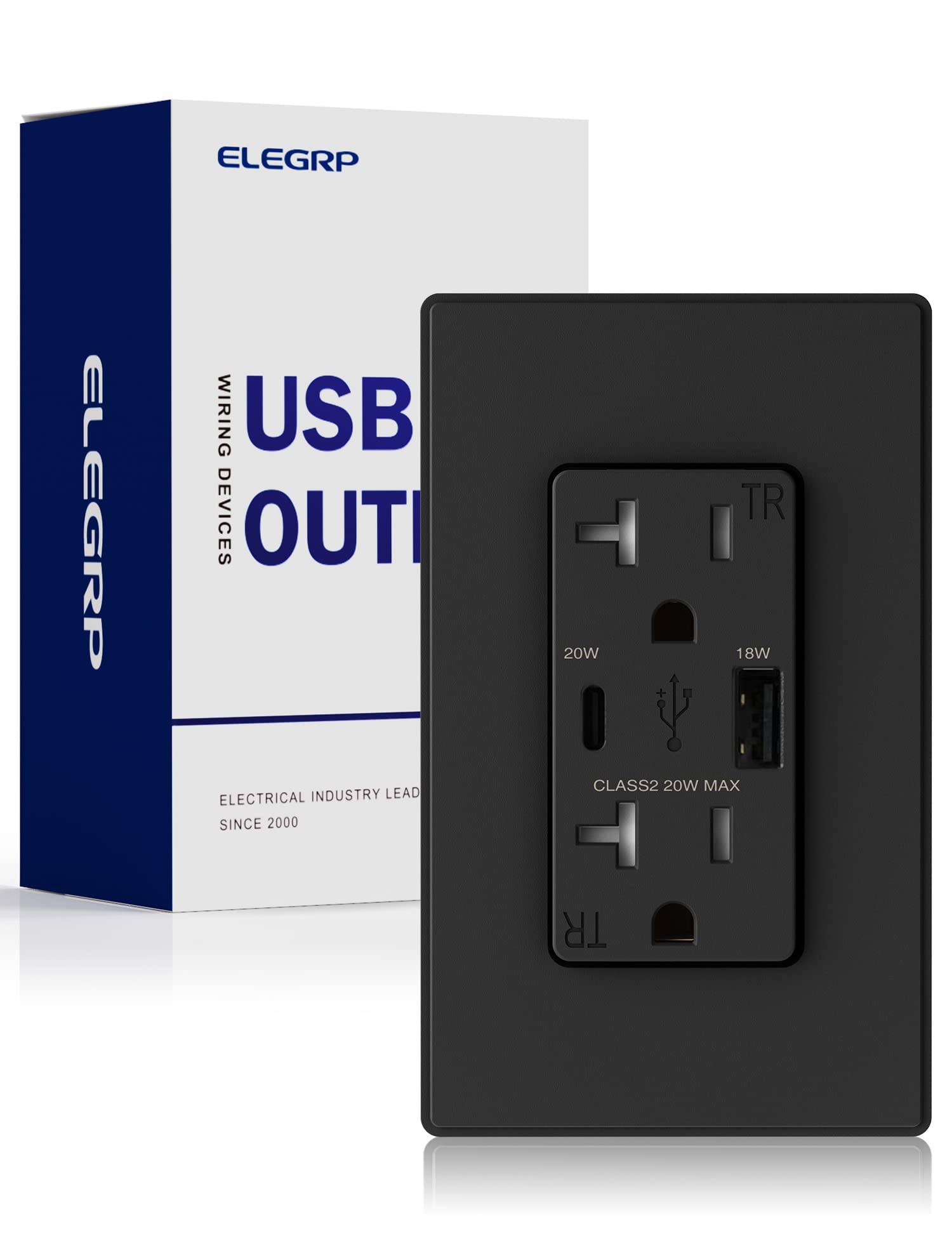 ELEGRP USB Wall Outlet, Type A & C Dual Ports, 20W TR Receptacle, Matte Finish, Tamper-Resistant, 15A/20A, UL Listed