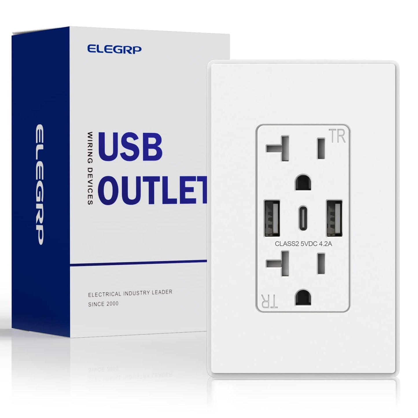 ELEGRP USB Wall Outlet, 3-Port USB C & USB A Tamper-Resistant Receptacles, 21W 4.2A Total Output, Screwless Wall Plate Included, UL Listed