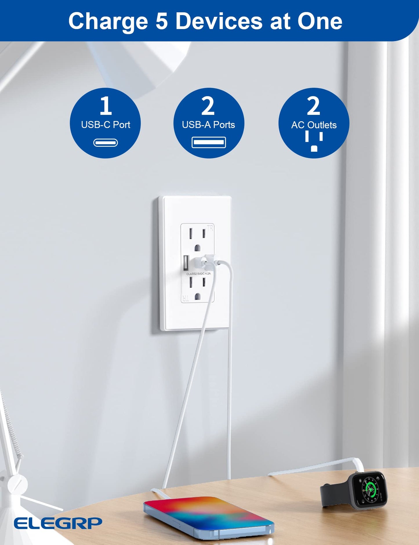ELEGRP USB Wall Outlet, 3-Port USB C & USB A Tamper-Resistant Receptacles, 21W 4.2A Total Output, Screwless Wall Plate Included, UL Listed