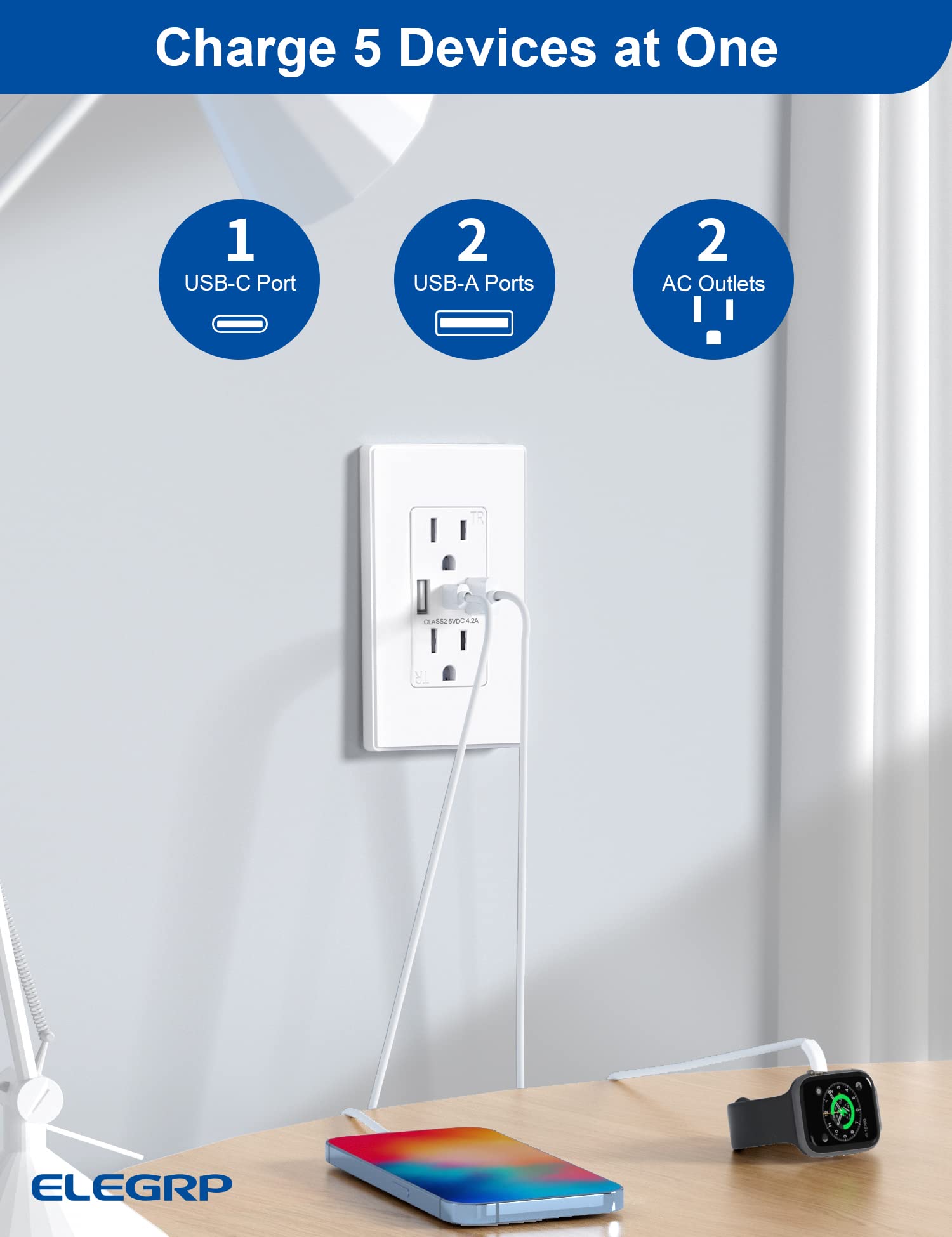 ELEGRP USB Wall Outlet, 3-Port USB C & USB A Tamper-Resistant Receptacles, 21W 4.2A Total Output, Screwless Wall Plate Included, UL Listed