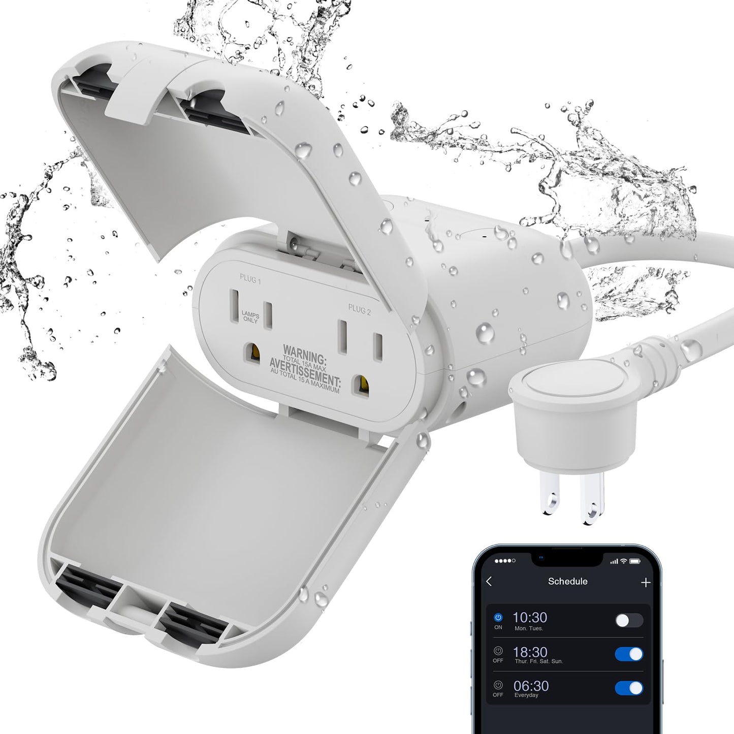 ELEGRP Outdoor Smart Dimmer Plug, IP66 Waterproof WiFi Plug with 2 Individually Controlled Sockets, Alexa & Google Assistant Compatible, String Light Dimmer