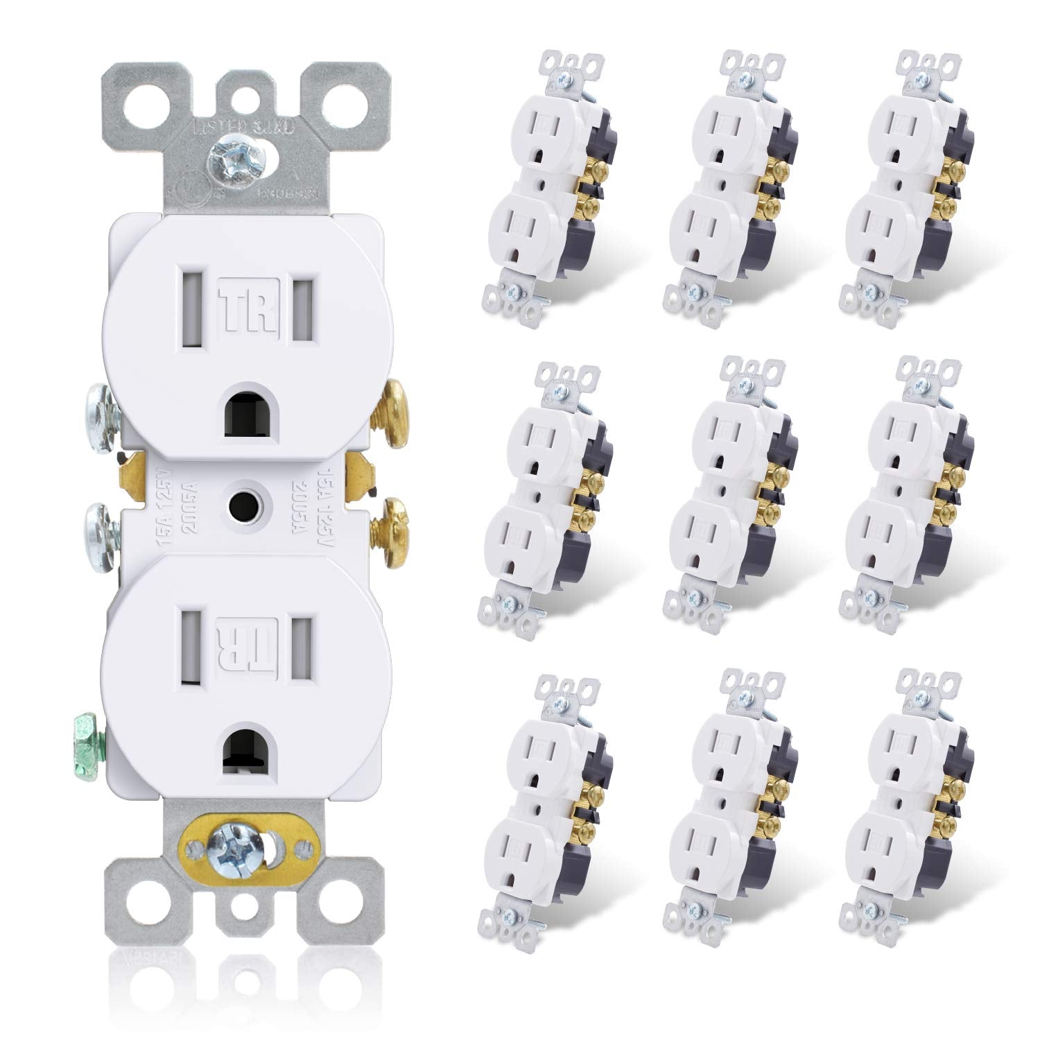 ELEGRP Tamper-Resistant Duplex Receptacle, 15A 125V, Self-Grounding Standard Wall Outlet, Residential Grade, UL Listed, White/Black