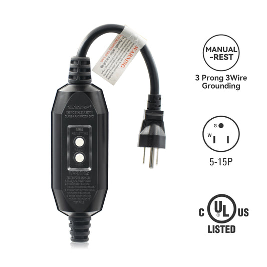 ELEGRP Patented Auto-Monitoring GFCI Plug, Inline Assembly, UL Listed, Manual & Automatic Reset, 2-Prong/3-Prong, 15A, 125V