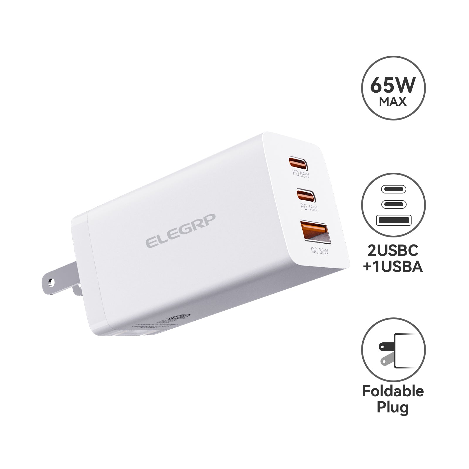 ELEGRP USB-C 65W GaN Charger Cube, Dual-Port PD Fast Charging Block for Type-C Devices