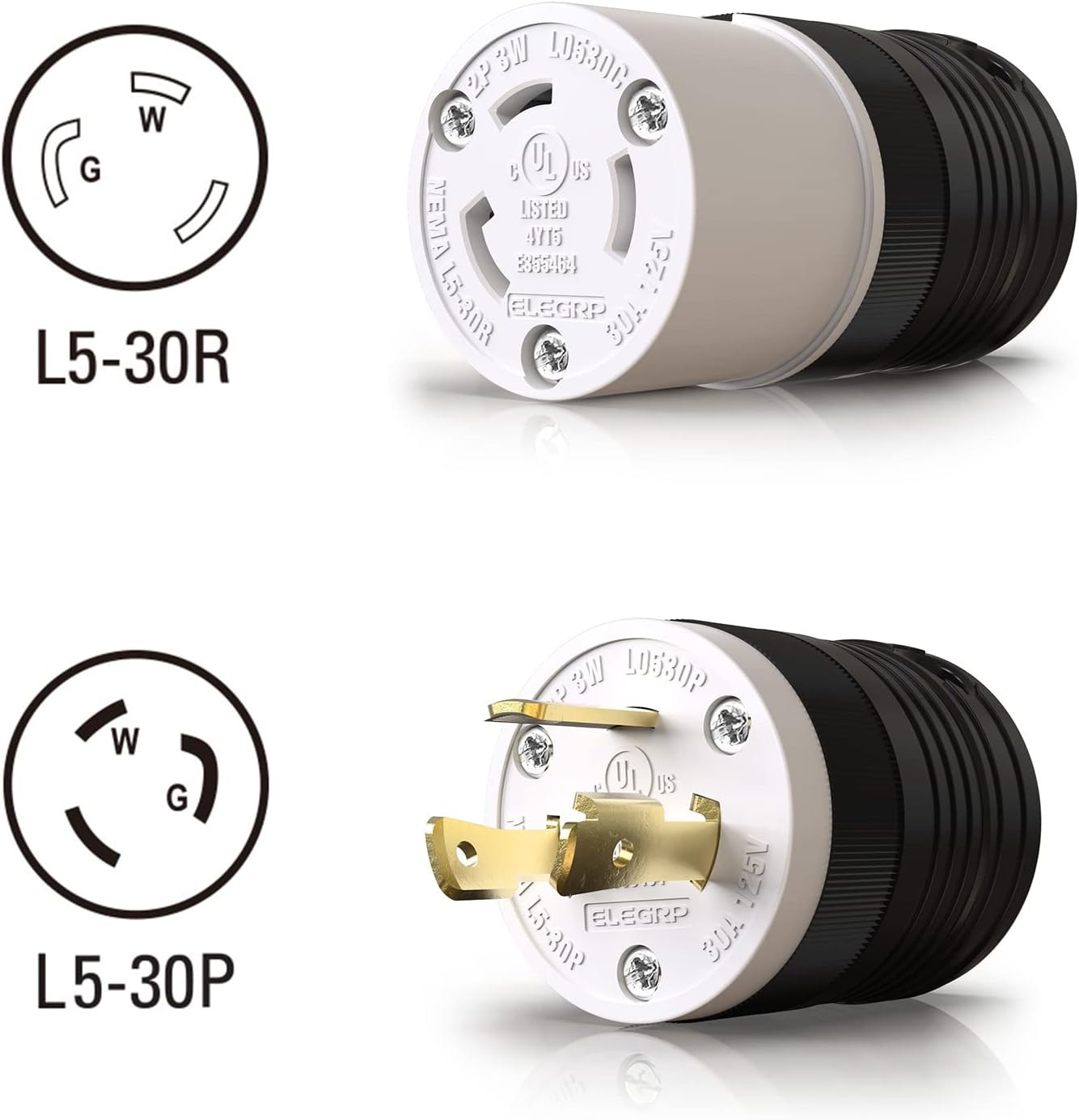 ELEGRP Twist Lock Adapter, NEMA L5-30P & L5-30R, 30A 125V, 2 Pole 3 Wire Grounding Plug & Connector Set, Heavy-Duty Design