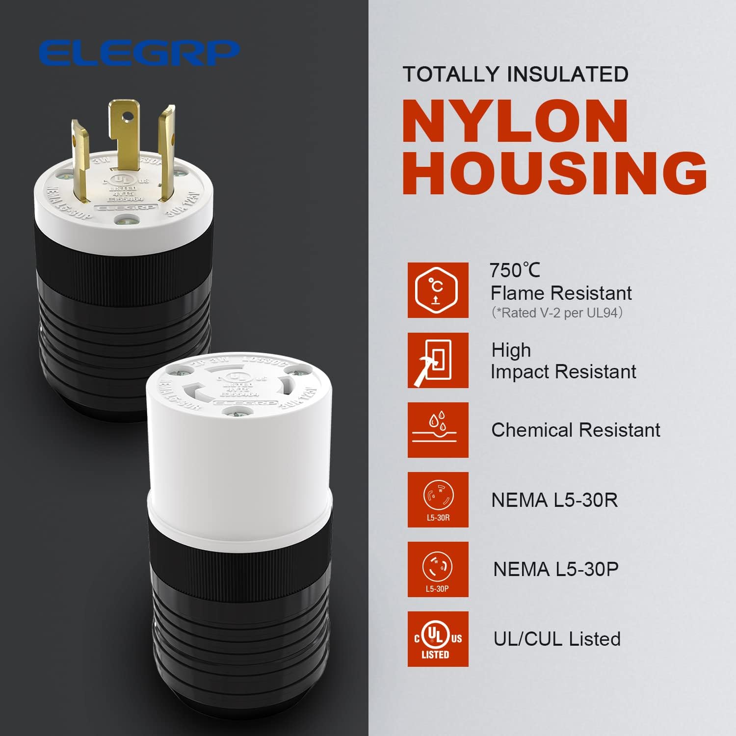 ELEGRP Twist Lock Adapter, NEMA L5-30P & L5-30R, 30A 125V, 2 Pole 3 Wire Grounding Plug & Connector Set, Heavy-Duty Design