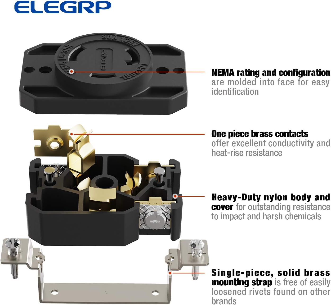 ELEGRP Twist Lock Adapter, NEMA L5-30P & L5-30R, 30A 125V, 2 Pole 3 Wire Grounding Plug & Connector Set, Heavy-Duty Design