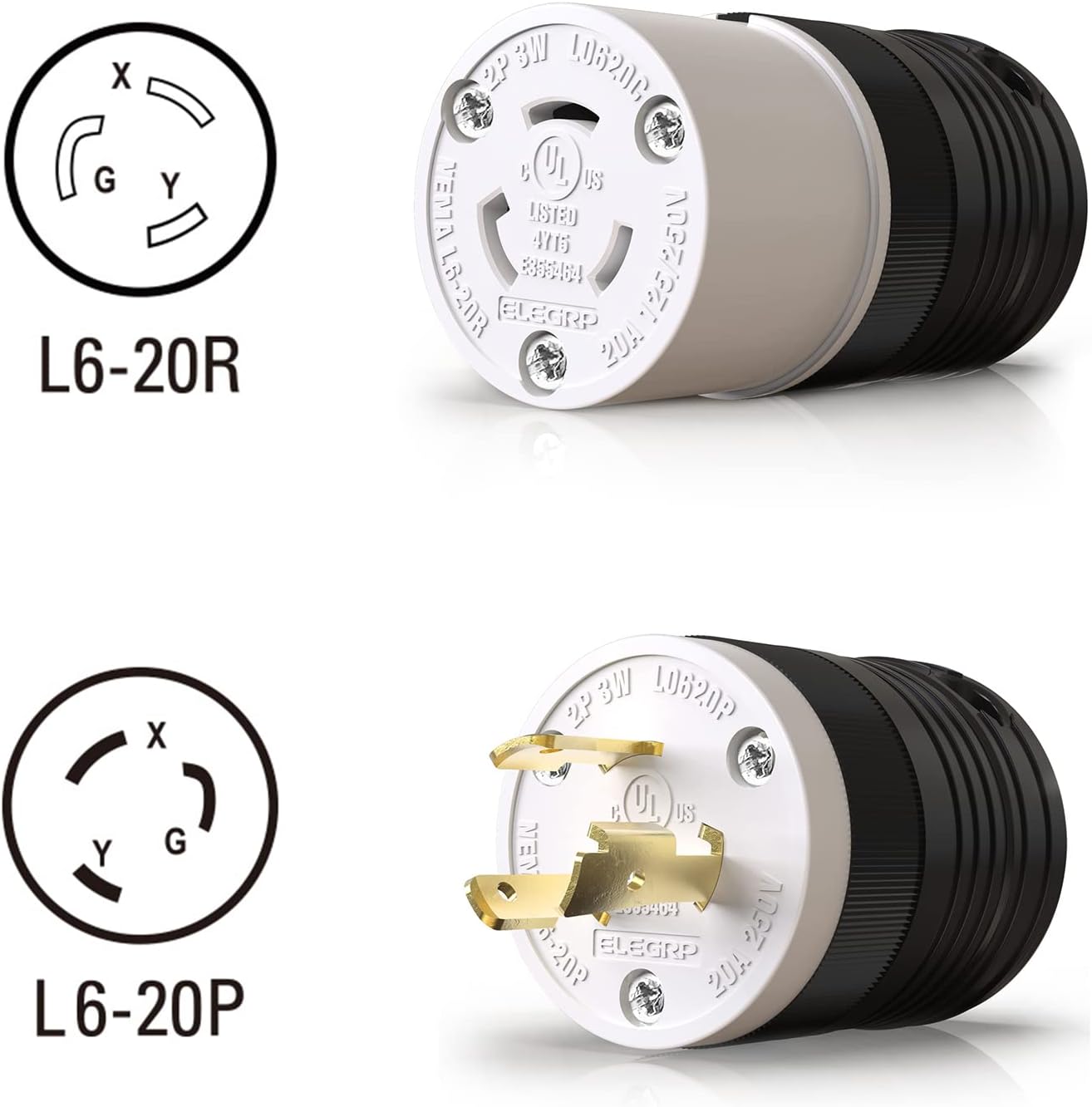 ELEGRP Twist Lock Adapter, NEMA L6-20P & L6-20R, 20A 250V, 2 Pole 3 Wire Grounding Plug & Connector Set, Heavy-Duty Design