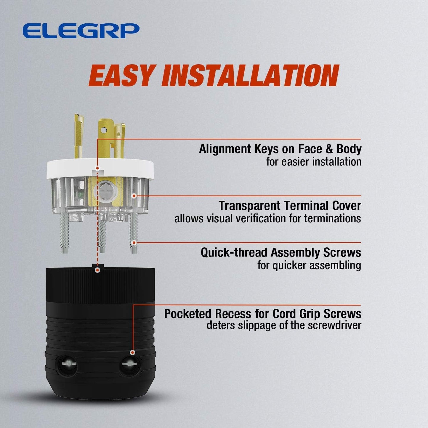 ELEGRP Twist Lock Adapter, NEMA L6-20P & L6-20R, 20A 250V, 2 Pole 3 Wire Grounding Plug & Connector Set, Heavy-Duty Design