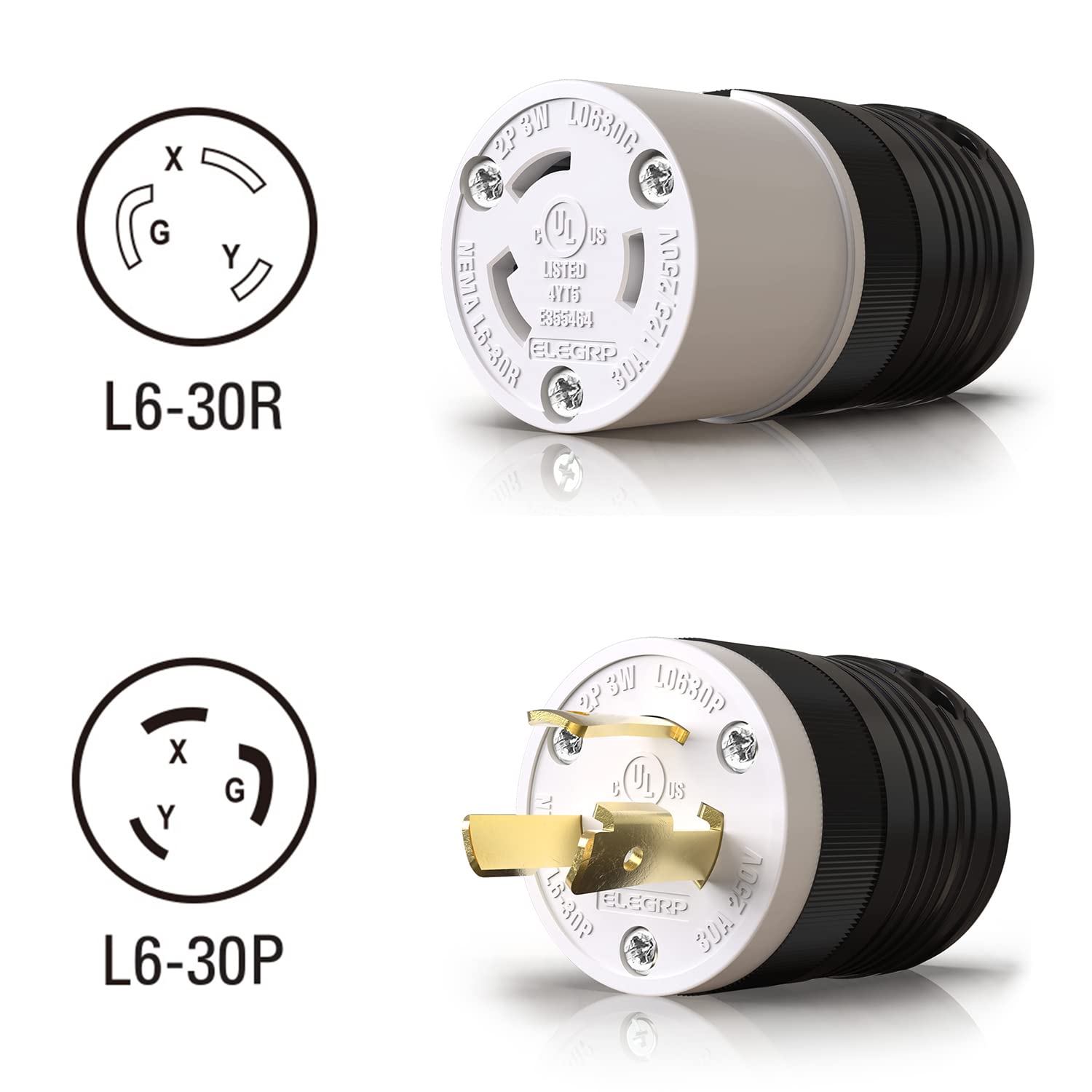 ELEGRP Twist Lock Adapter, NEMA L6-30P & L6-30R, 30A 250V, 2 Pole 3 Wire Grounding Plug & Connector Set, Heavy-Duty Design