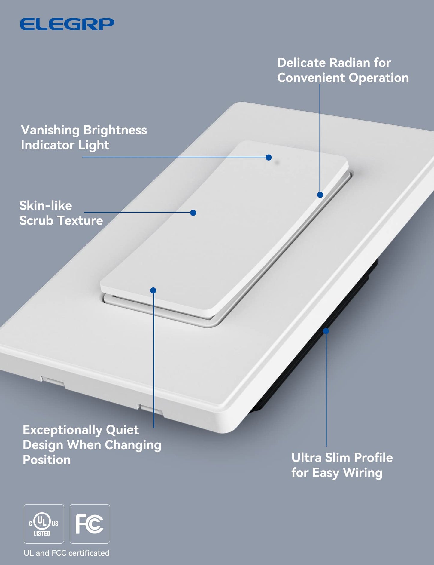 ELEGRP Smart Light Switch, Single Pole or 3-Way, 2.4GHz Wi-Fi Switch, Voice Control with Alexa & Google Assistant, Remote Control & Scheduling