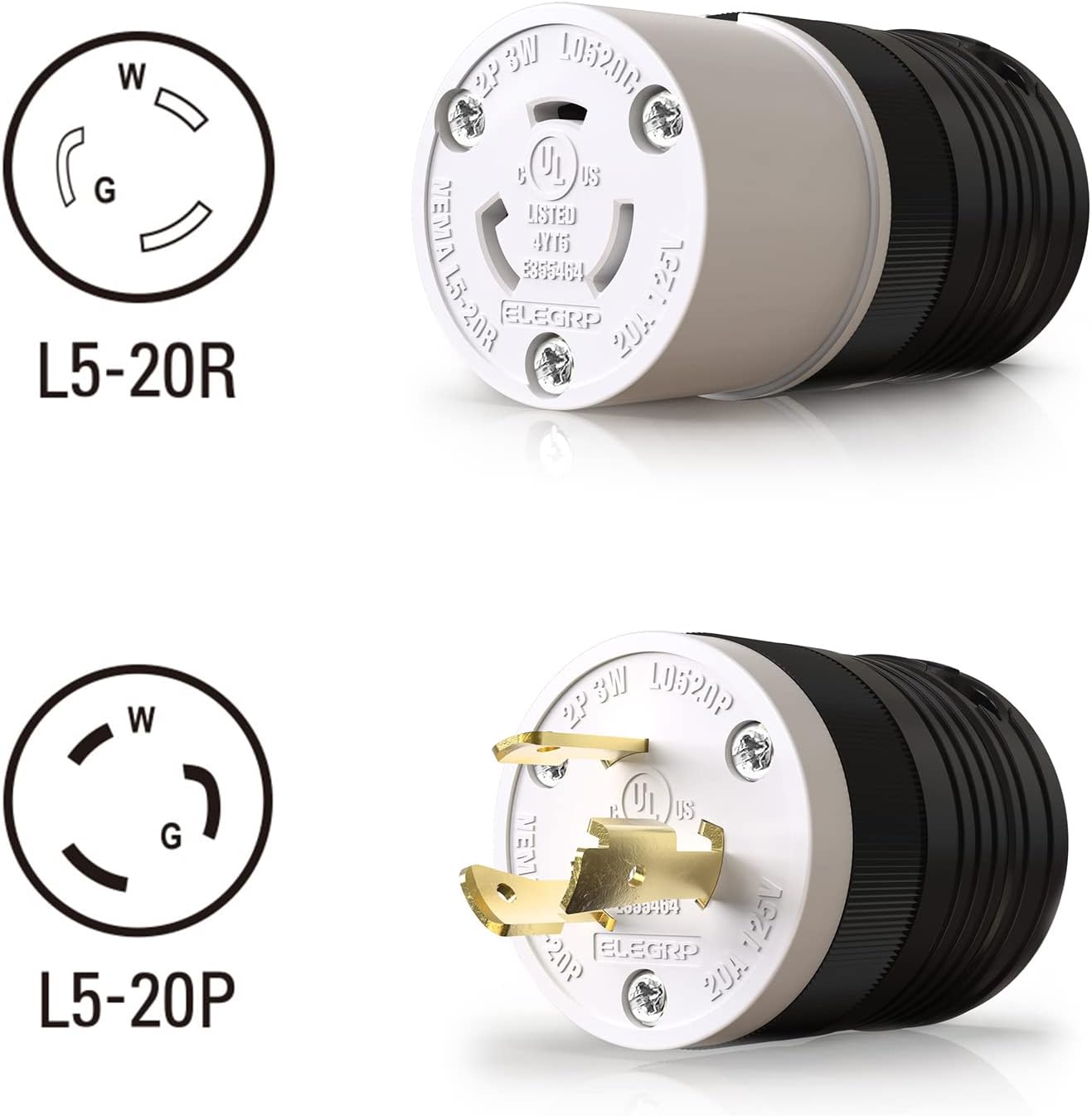 ELEGRP NEMA L5-20P & L5-20R Locking Plug and Connector Set, Generator Twist Lock Adapter, 20A 125V, 2-Pole 3-Wire Grounding