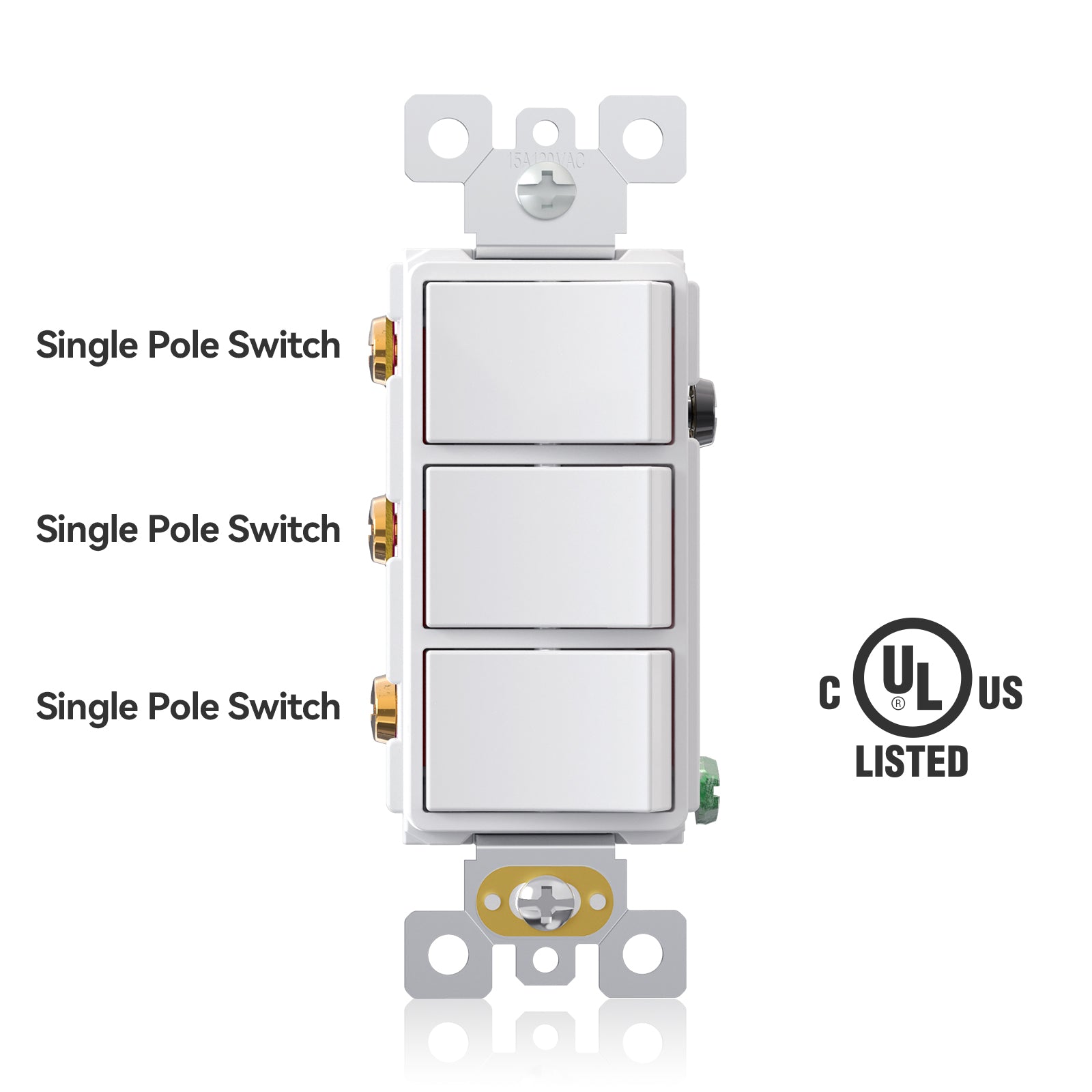ELEGRP Combination Light Switch, 3 Single Pole Decorative Switches, 15A 125V, Wall Plate Included, Durable Thermoplastic, Easy Installation