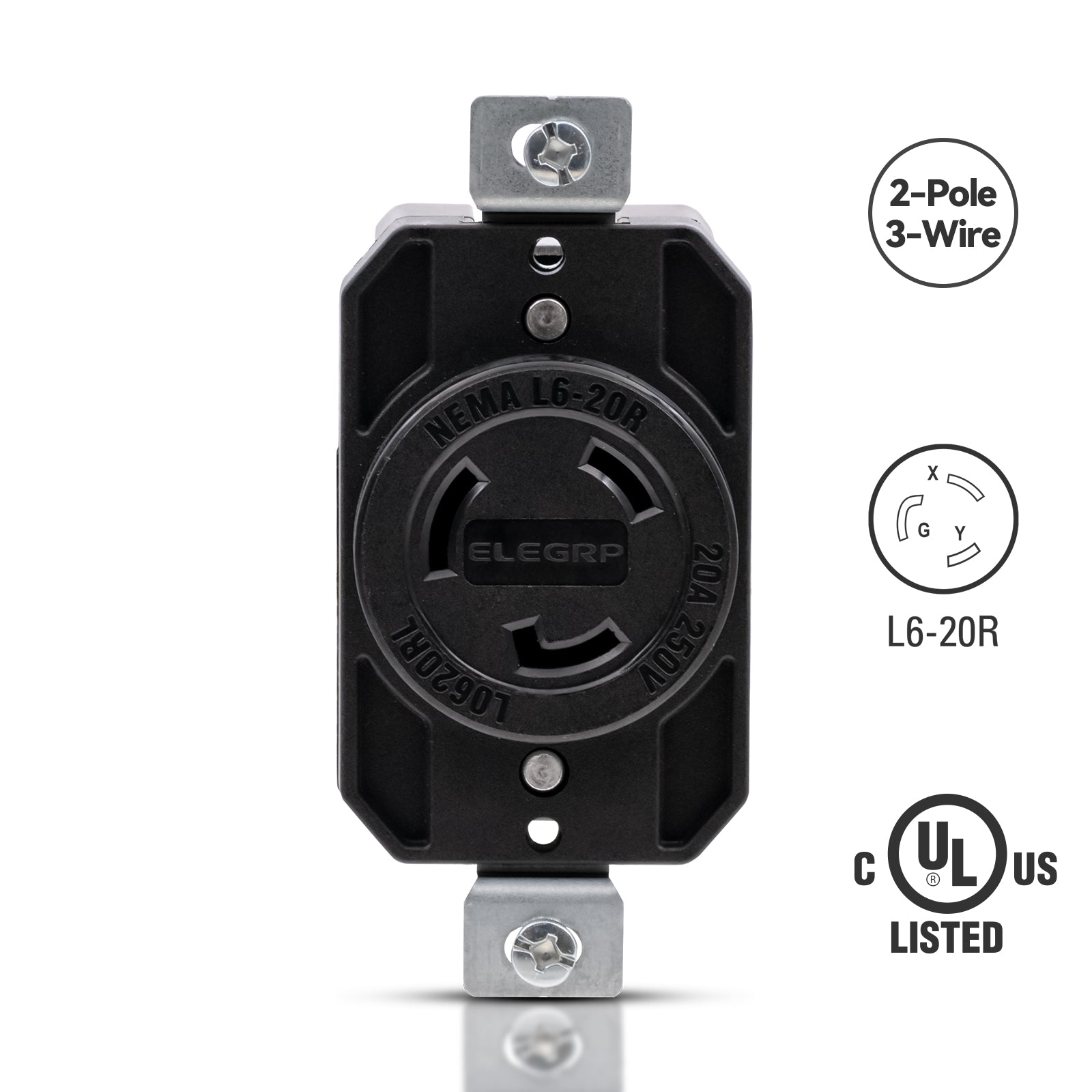 Eaton L620R 20A 250V Ground Lock Receptacle – NEMA L6-20R, Industrial Grade, Black/White