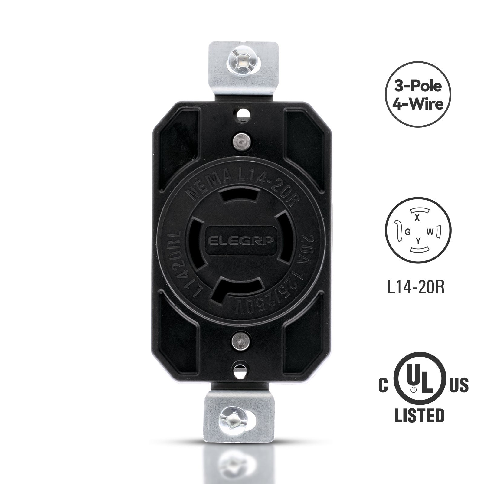 ELEGRP NEMA L14-20R Twist Lock Outlet, 20A 125/250V, 3 Pole 4 Wire Grounding, Heavy-Duty Design