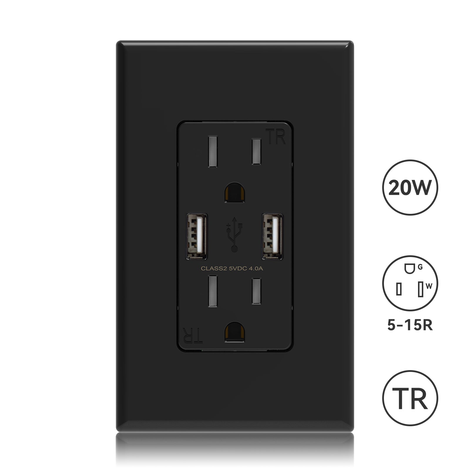 ELEGRP USB Wall Outlet, Dual USB-A Ports (4.0A), Tamper-Resistant Receptacle, Wall Plate Included, UL Listed