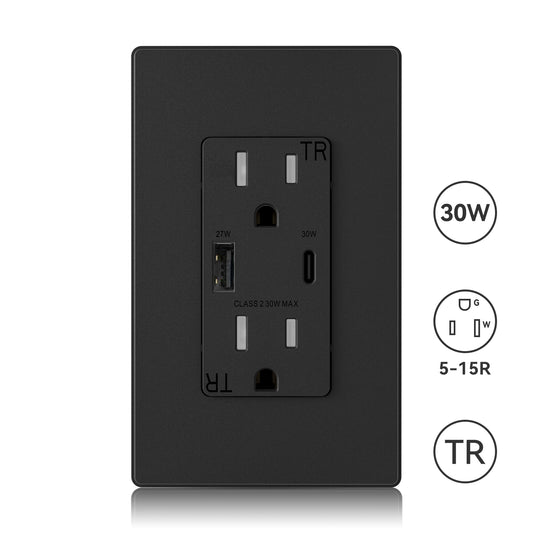 ELEGRP USB Wall Outlet, 30W High-Speed Charging, Dual USB-A & USB-C Ports, Tamper-Resistant, Screwless Wall Plate Included