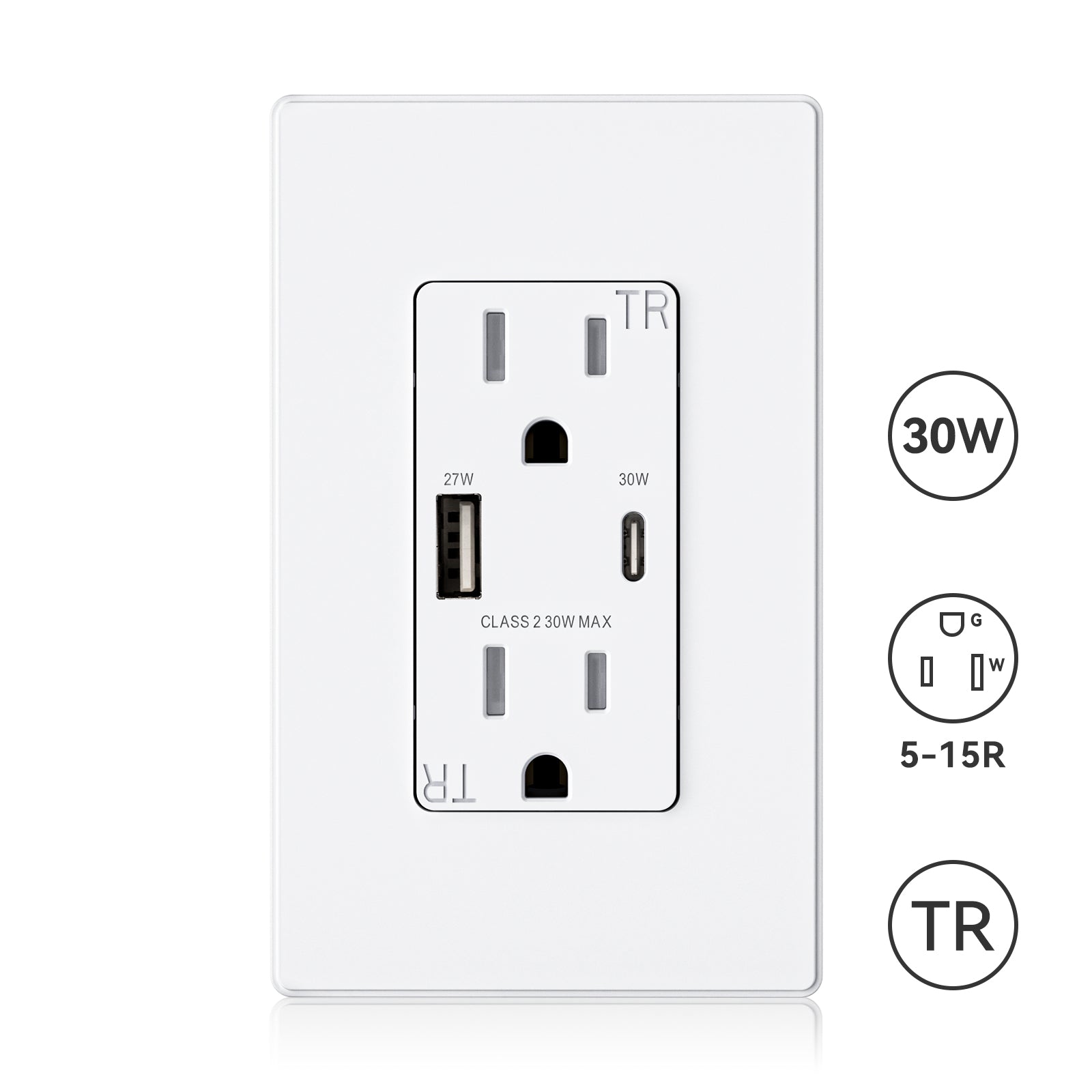 ELEGRP USB Wall Outlet, 30W High-Speed Charging, Dual USB-A & USB-C Ports, Tamper-Resistant, Screwless Wall Plate Included