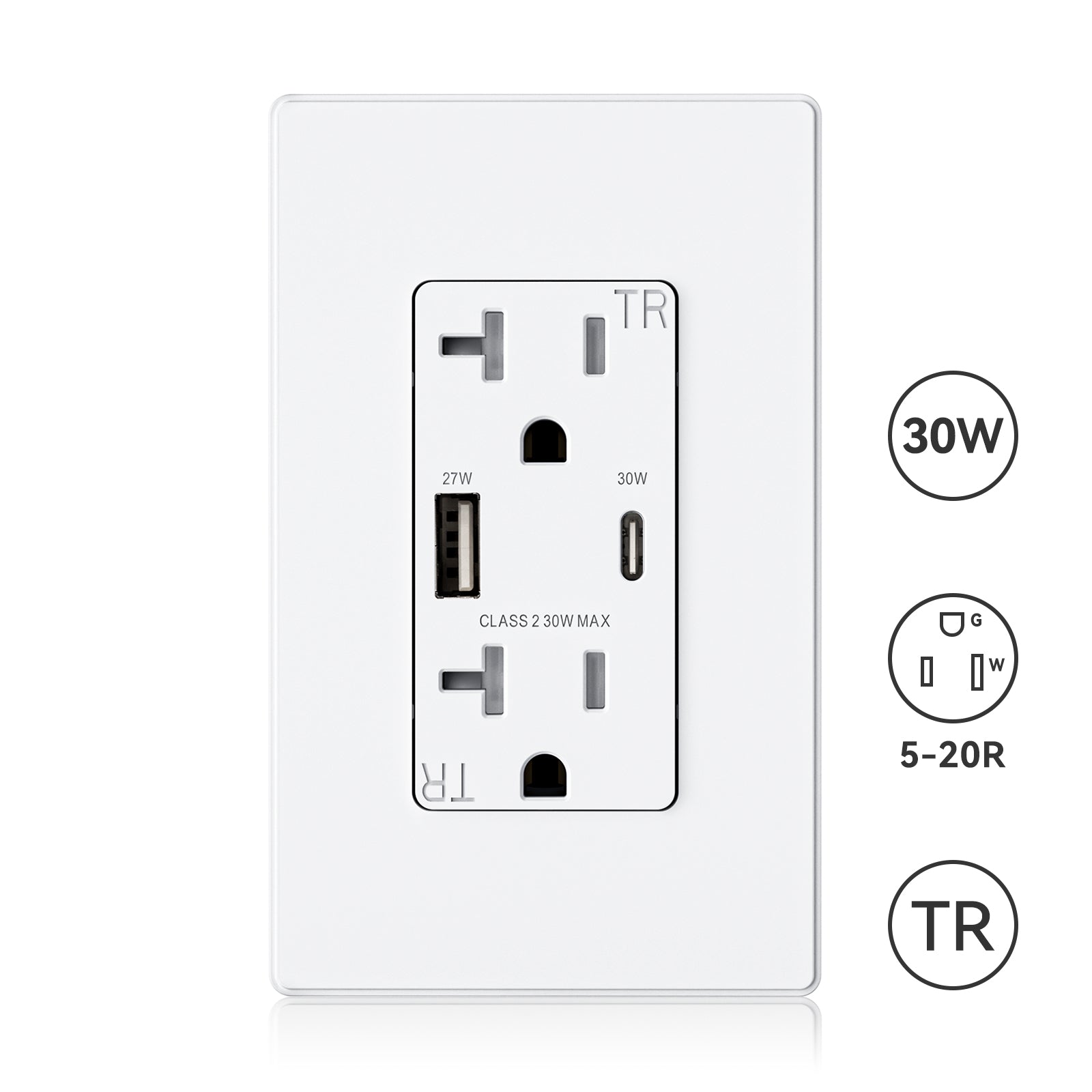 ELEGRP USB Wall Outlet, 30W High-Speed Charging, Dual USB-A & USB-C Ports, Tamper-Resistant, Screwless Wall Plate Included