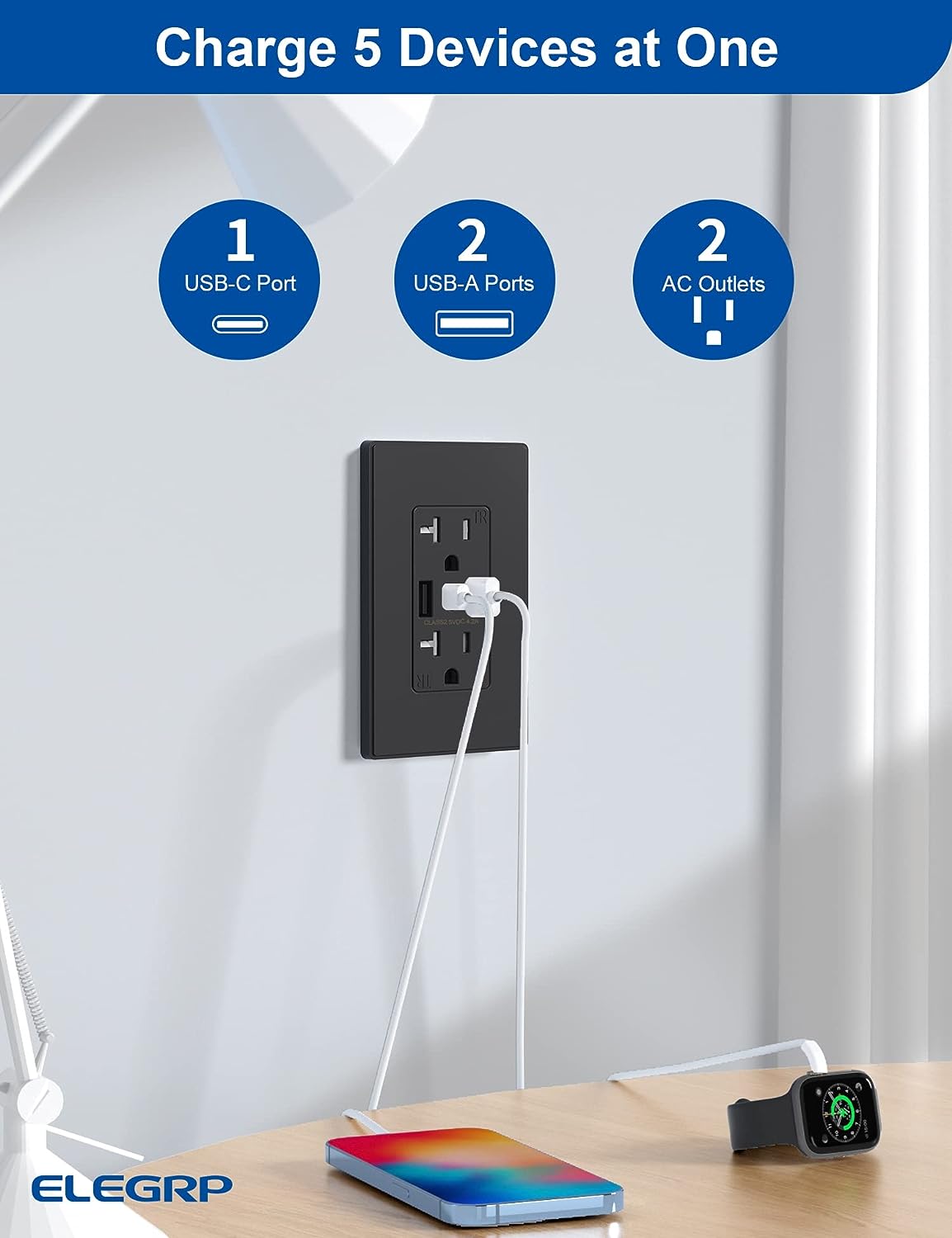 ELEGRP USB Wall Outlet, 3-Port USB C & USB A Tamper-Resistant Receptacles, 21W 4.2A Total Output, Screwless Wall Plate Included, UL Listed