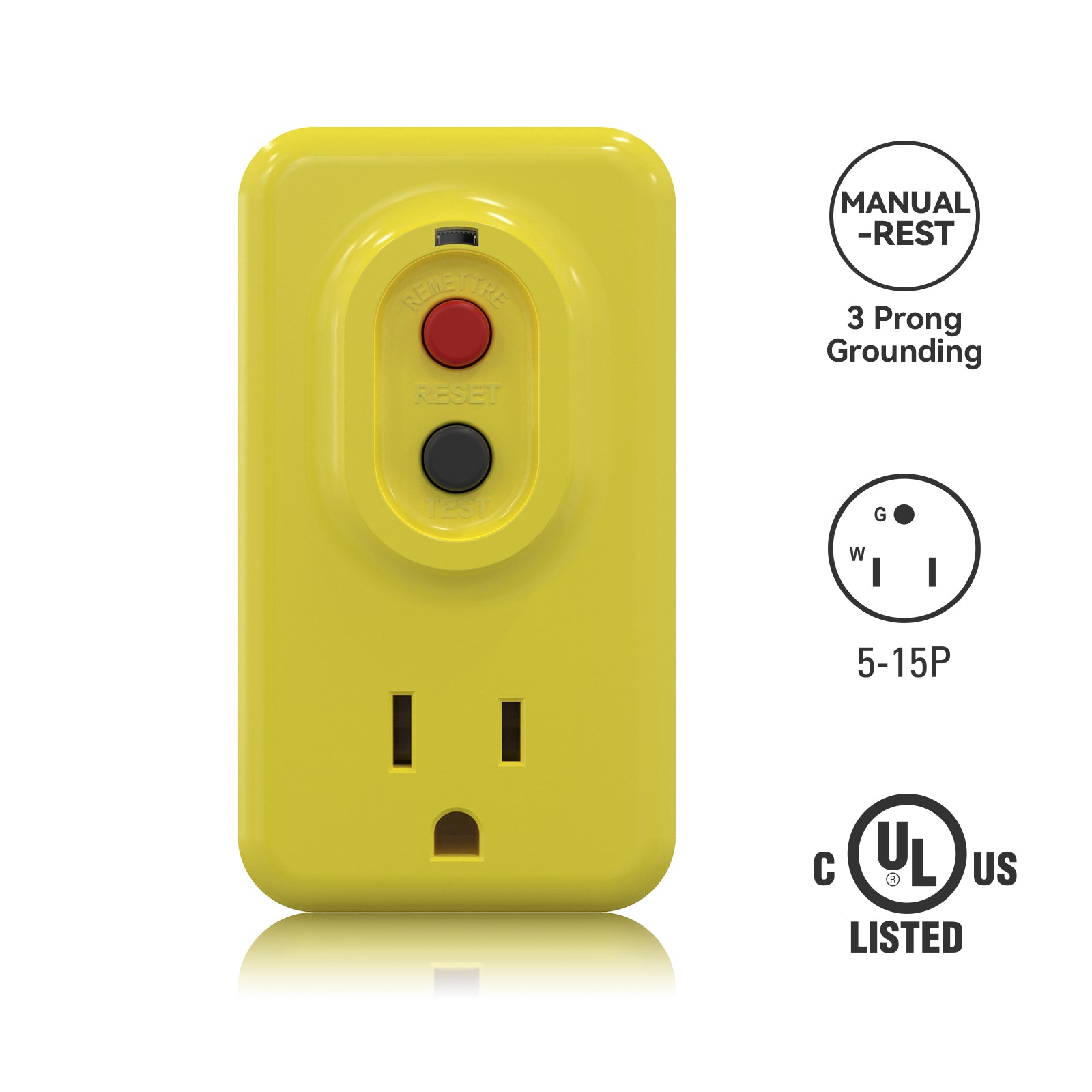 ELEGRP Portable GFCI Adapter, Single Outlet, 5-15P 3-Prong Grounding, Manual or Auto Reset, 15A 125V, UL Listed