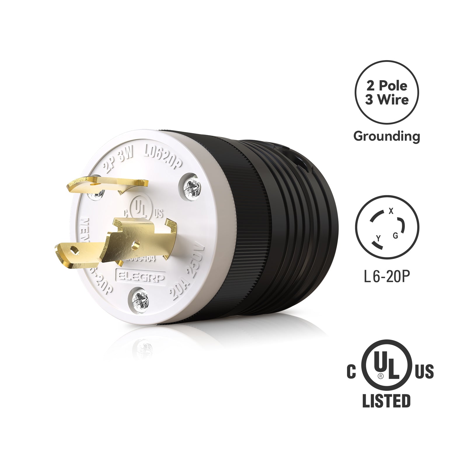 ELEGRP Twist Lock Adapter, NEMA L6-20P & L6-20R, 20A 250V, 2 Pole 3 Wire Grounding Plug & Connector Set, Heavy-Duty Design
