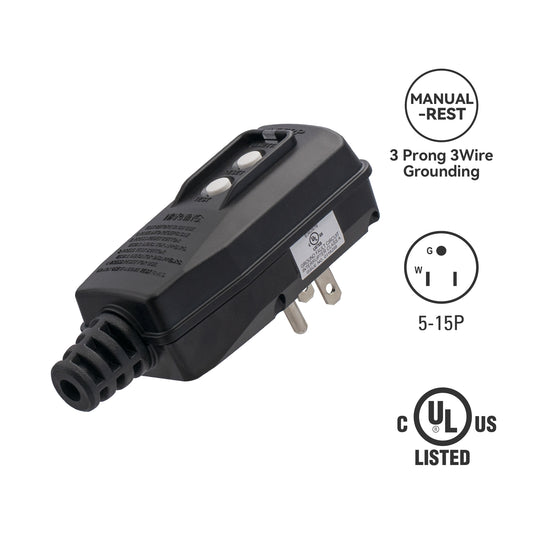 ELEGRP Portable Plug-in GFCI Replacement Plug, 5-15P 3-Prong Grounding, Manual or Auto Reset, for Power Washer & Pool Pump, UL Listed