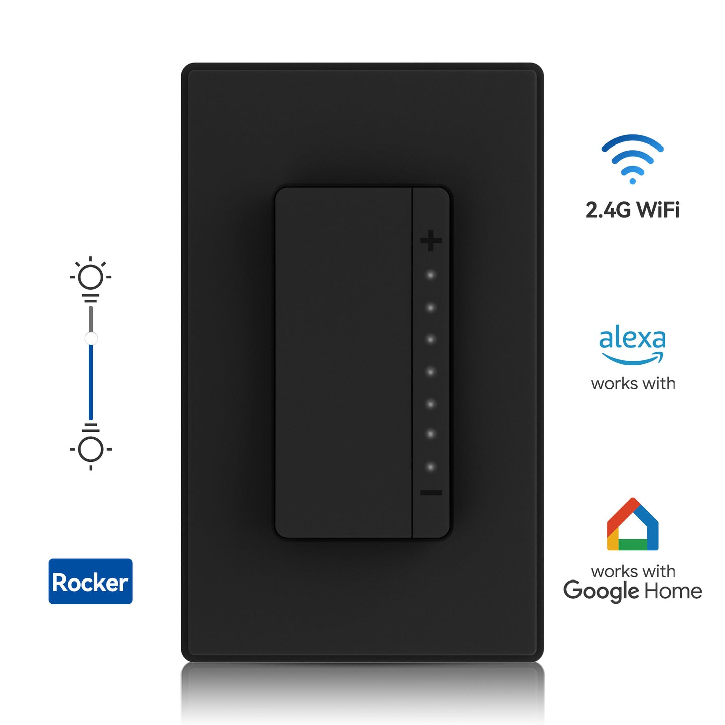 ELEGRP Smart Rocker Dimmer Switch, Single Pole or 3-Way, 2.4GHz Wi-Fi, Alexa & Google Assistant Compatible, Remote & Voice Control, UL Listed