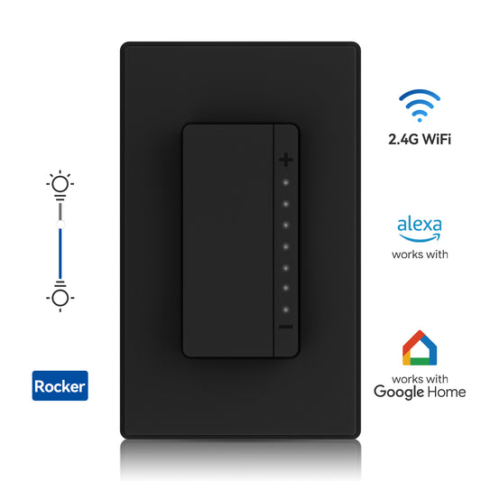 ELEGRP Smart Rocker Dimmer Switch, Single Pole or 3-Way, 2.4GHz Wi-Fi, Alexa & Google Assistant Compatible, Remote & Voice Control, UL Listed