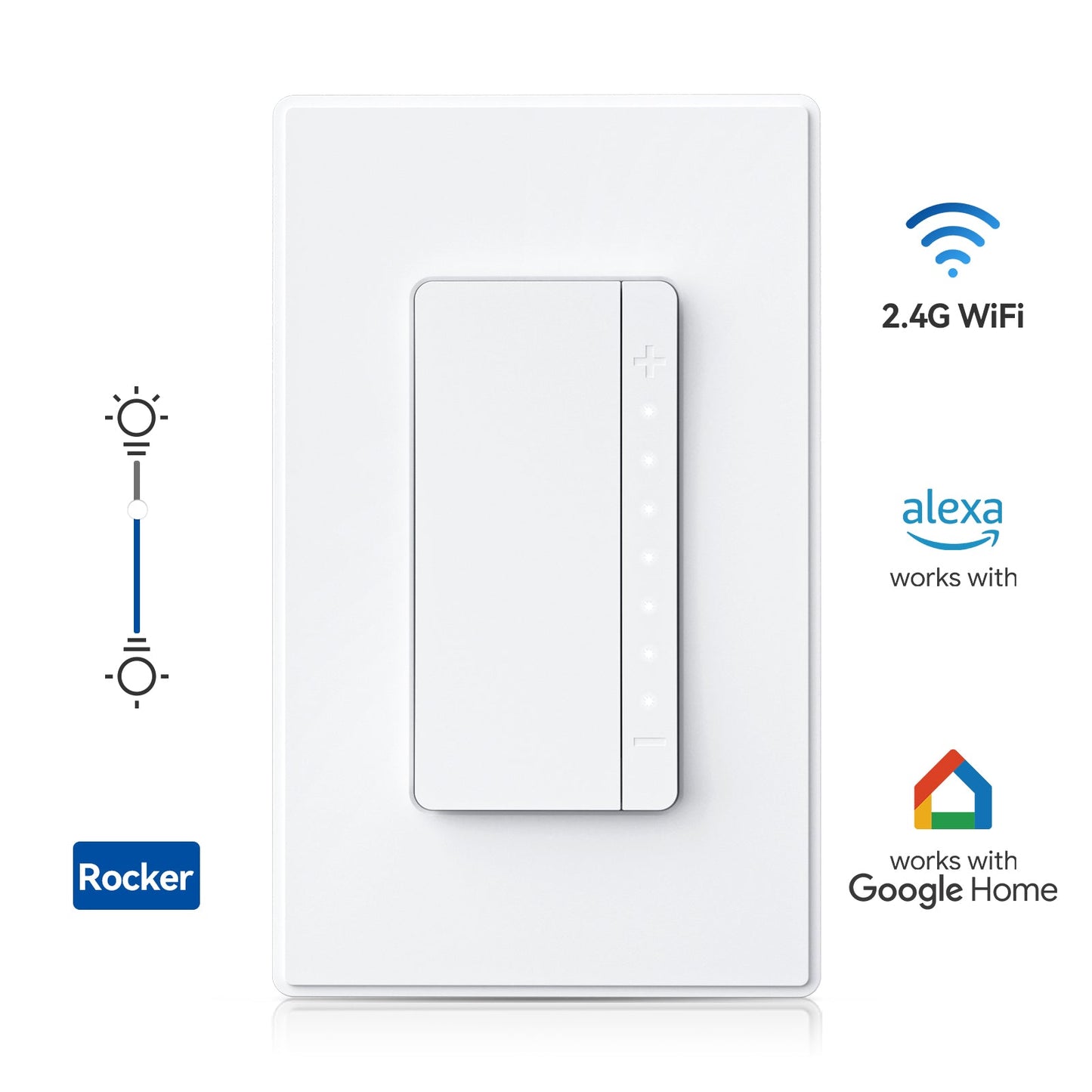 ELEGRP Smart Rocker Dimmer Switch, Single Pole or 3-Way, 2.4GHz Wi-Fi, Alexa & Google Assistant Compatible, Remote & Voice Control, UL Listed