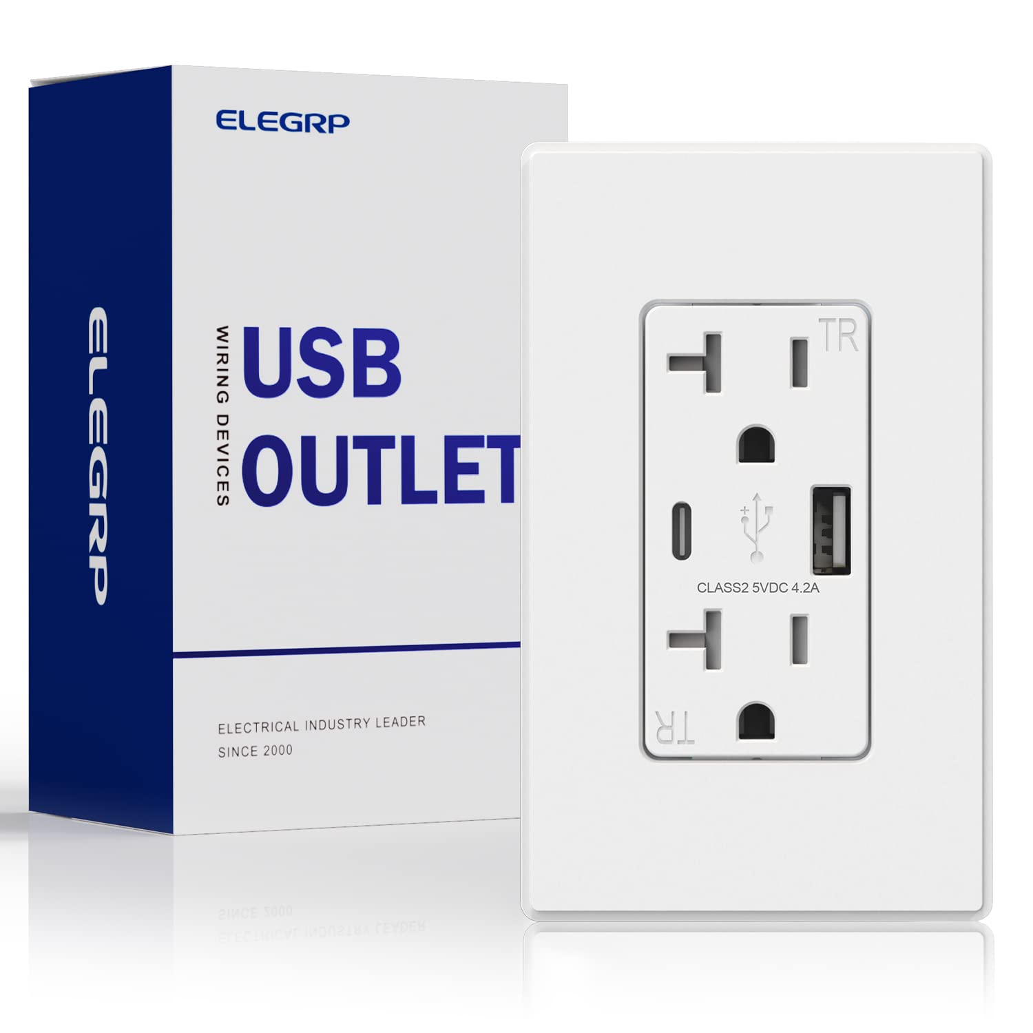 ELEGRP USB Charger Wall Outlet, Dual USB Ports (Type A & C), 4.2A USB Receptacle, Tamper Resistant, 15A/20A, UL Listed