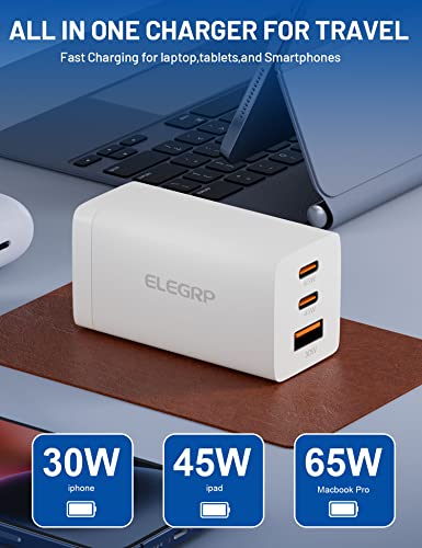 ELEGRP USB-C 65W GaN Charger Cube, Dual-Port PD Fast Charging Block for Type-C Devices