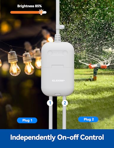 ELEGRP Outdoor Smart Dimmer Plug, IP66 Waterproof WiFi Plug with 2 Individually Controlled Sockets, Alexa & Google Assistant Compatible, String Light Dimmer