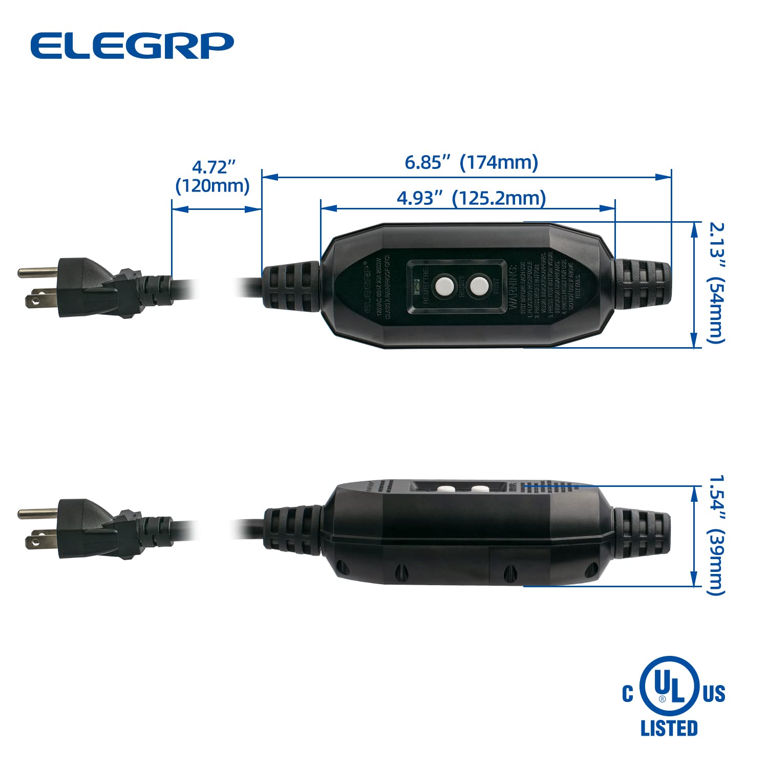 ELEGRP Patented Auto-Monitoring GFCI Plug, Inline Assembly, UL Listed, Manual & Automatic Reset, 2-Prong/3-Prong, 15A, 125V