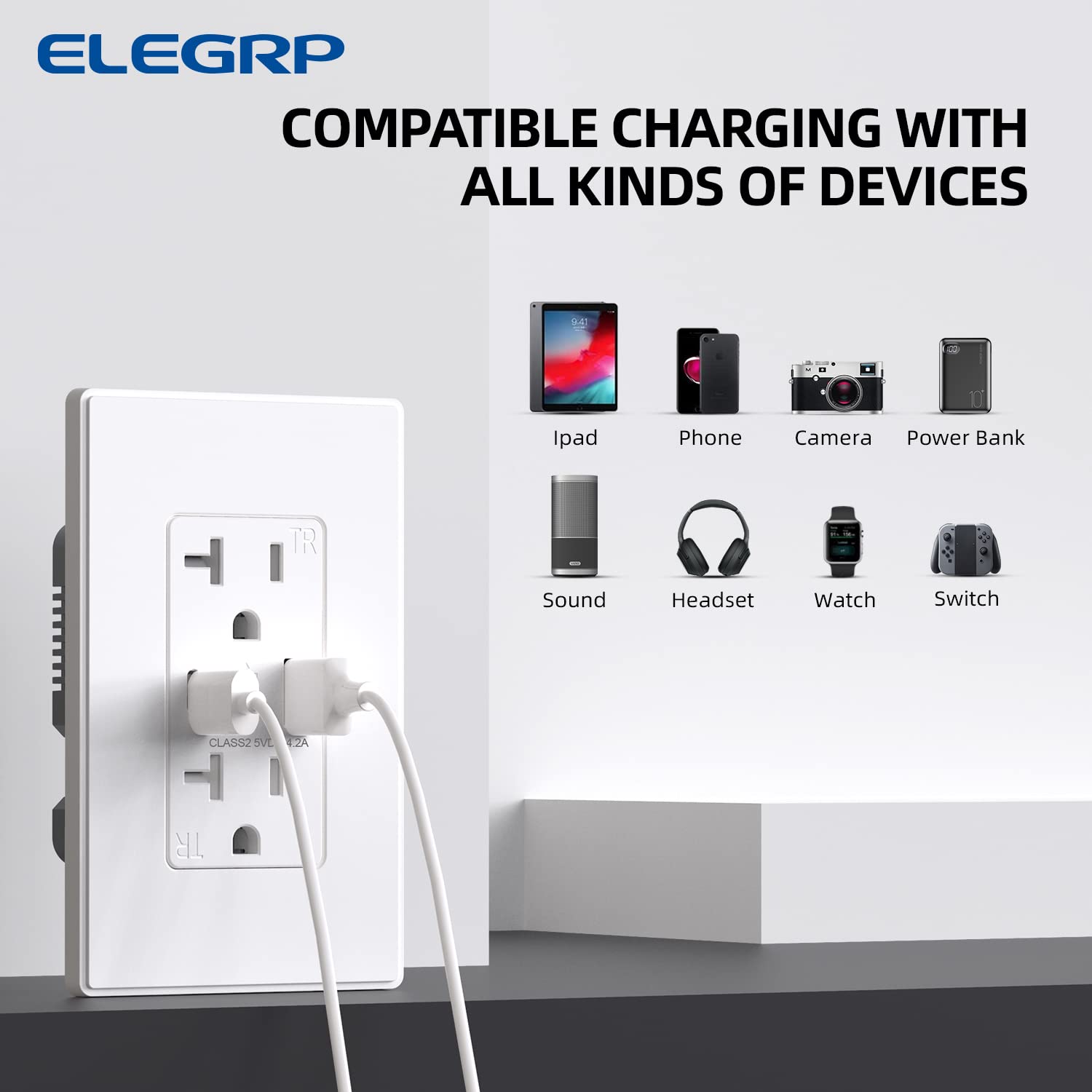 ELEGRP USB Charger Wall Outlet, Dual USB Ports (Type A & C), 4.2A USB Receptacle, Tamper Resistant, 15A/20A, UL Listed