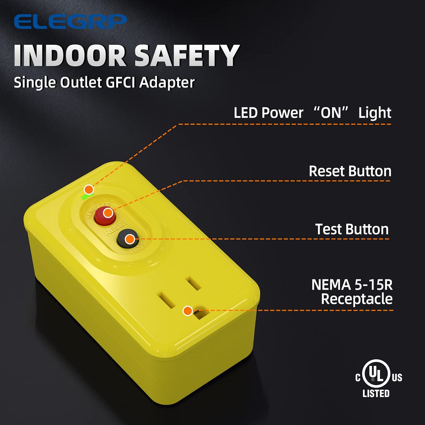 ELEGRP Portable GFCI Adapter, Single Outlet, 5-15P 3-Prong Grounding, Manual or Auto Reset, 15A 125V, UL Listed