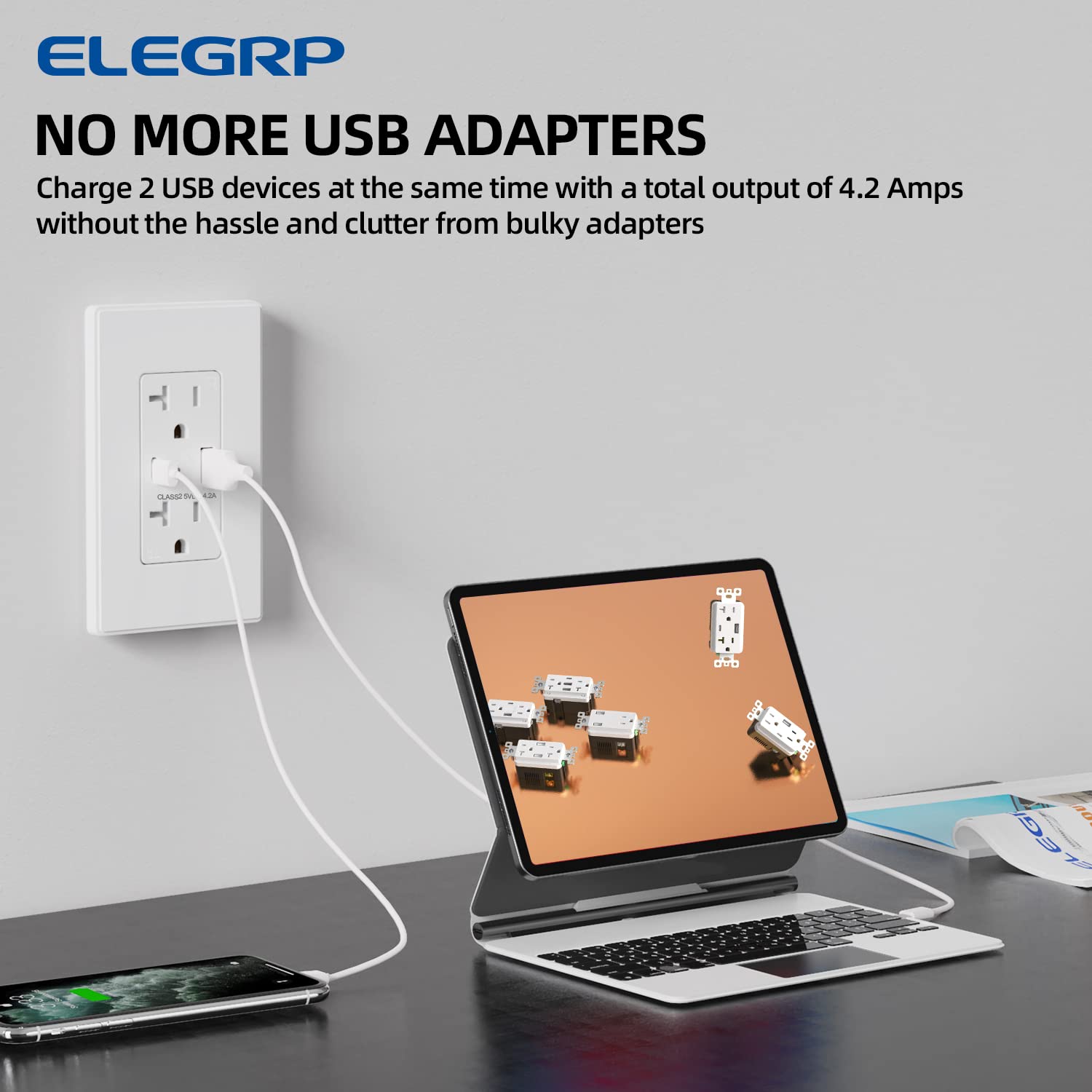 ELEGRP USB Charger Wall Outlet, Dual USB Ports (Type A & C), 4.2A USB Receptacle, Tamper Resistant, 15A/20A, UL Listed