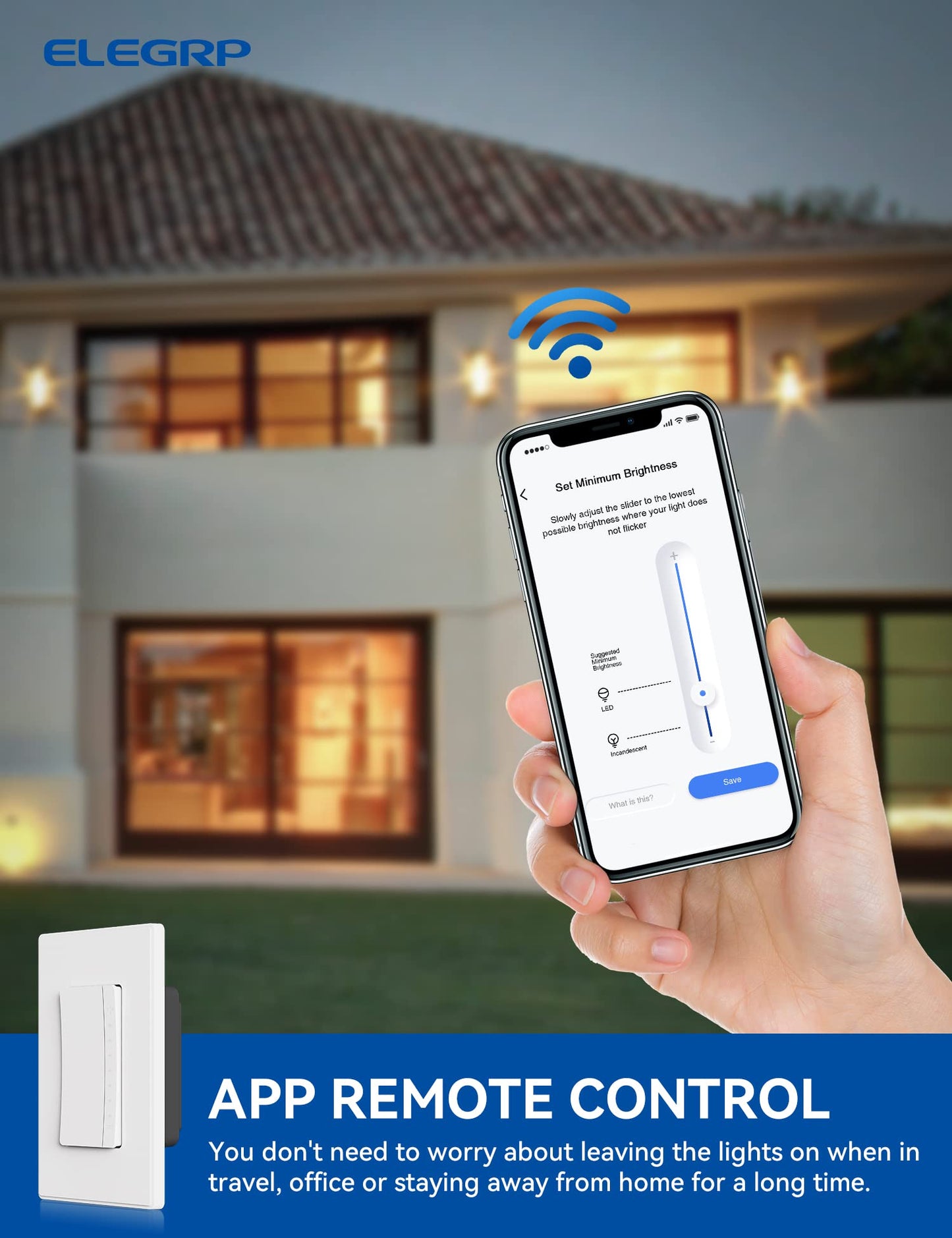 ELEGRP Smart Rocker Dimmer Switch, Single Pole or 3-Way, 2.4GHz Wi-Fi, Alexa & Google Assistant Compatible, Remote & Voice Control, UL Listed