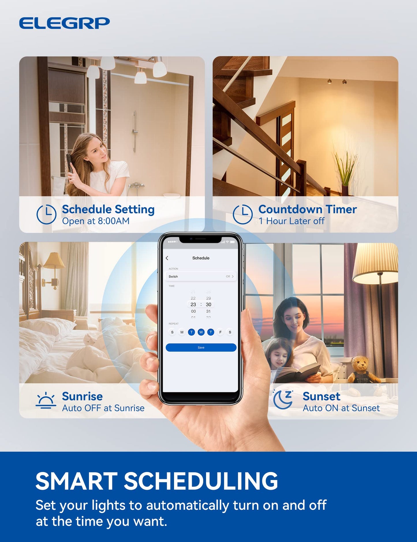 ELEGRP Smart Light Switch, Single Pole or 3-Way, 2.4GHz Wi-Fi Switch, Voice Control with Alexa & Google Assistant, Remote Control & Scheduling