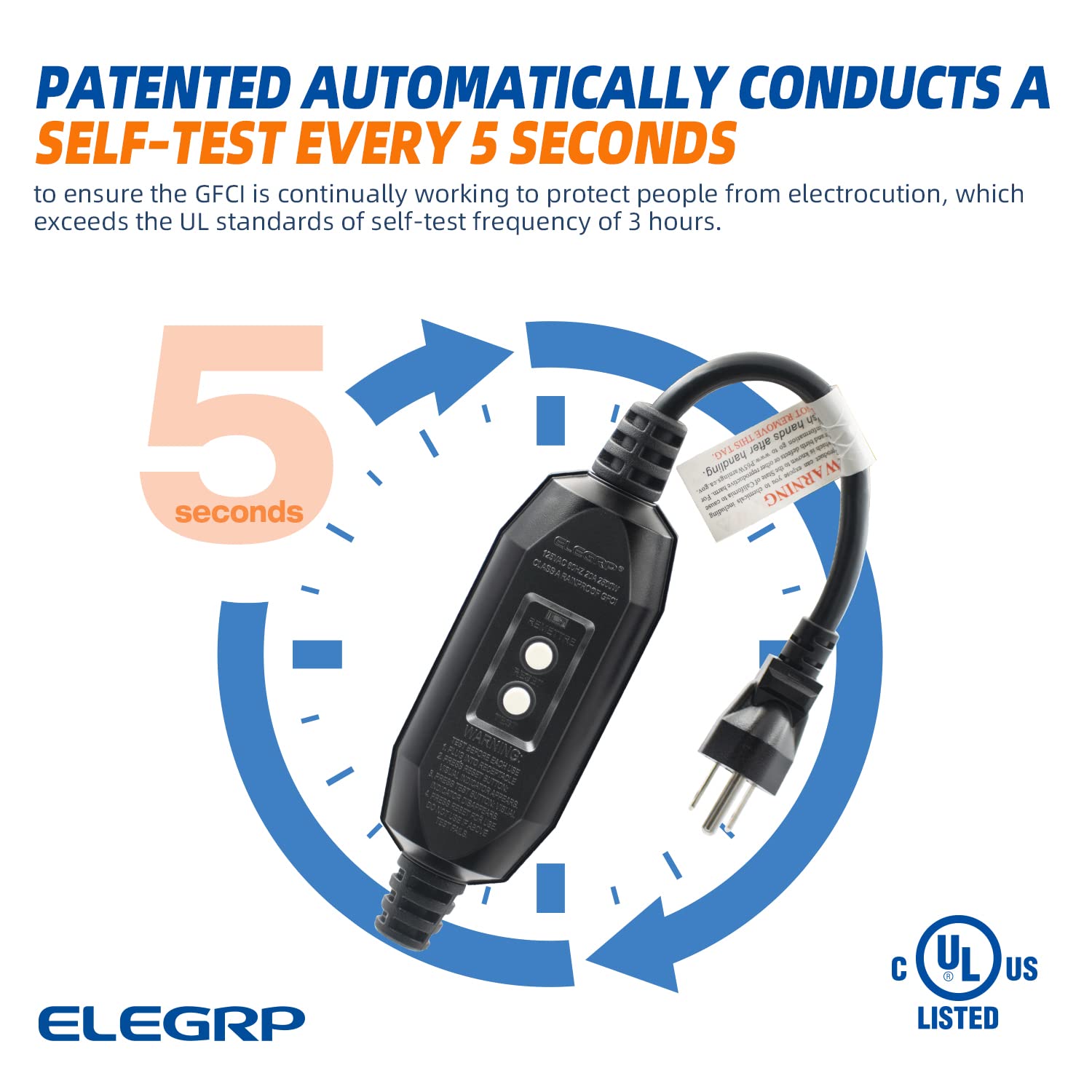 ELEGRP Patented Auto-Monitoring GFCI Plug, Inline Assembly, UL Listed, Manual & Automatic Reset, 2-Prong/3-Prong, 15A, 125V