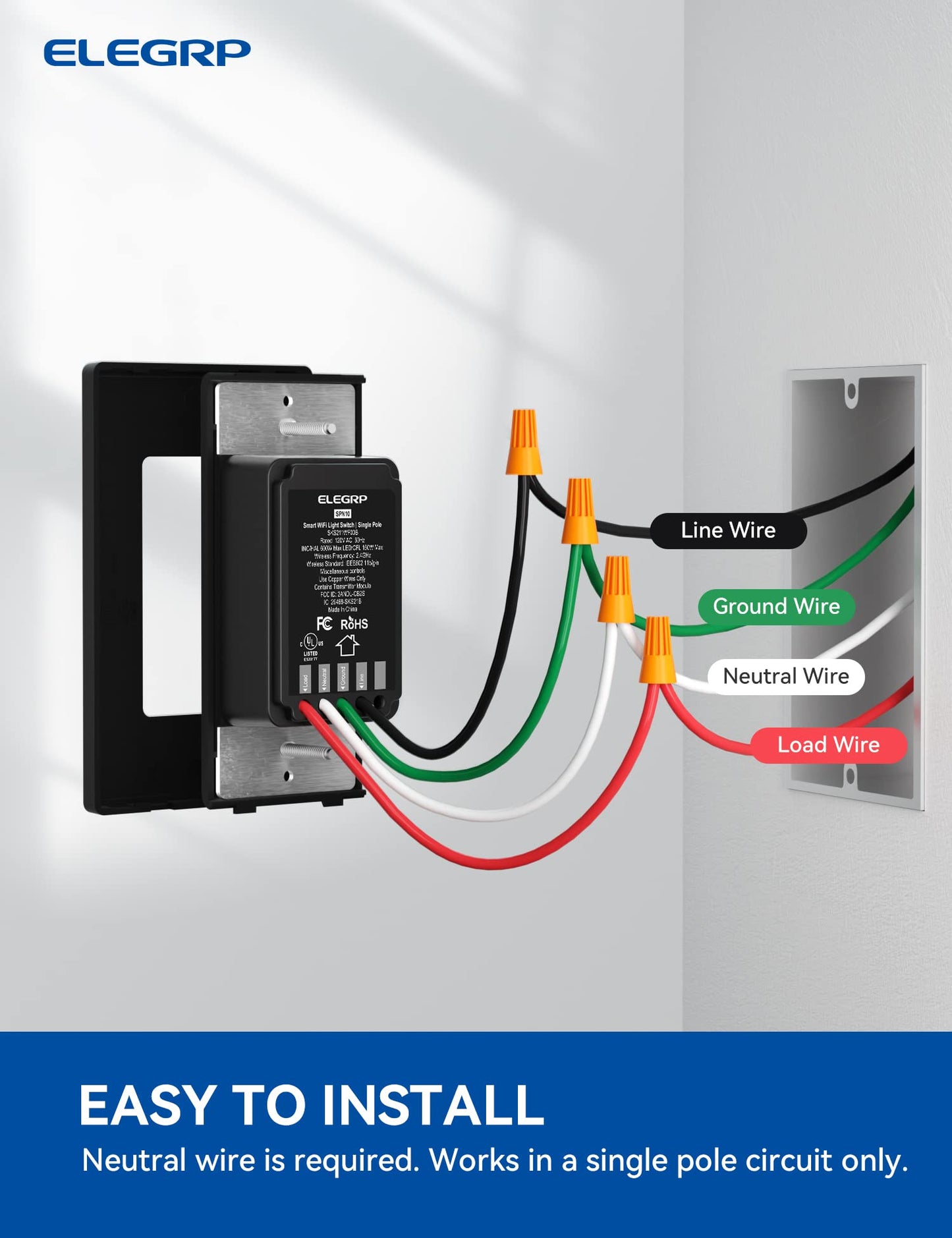 ELEGRP Smart Light Switch, Single Pole or 3-Way, 2.4GHz Wi-Fi Switch, Voice Control with Alexa & Google Assistant, Remote Control & Scheduling