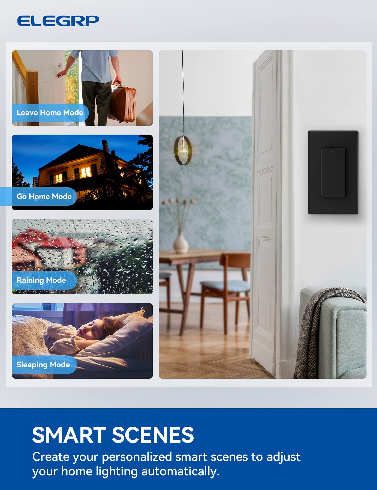ELEGRP Smart Light Switch, Single Pole or 3-Way, 2.4GHz Wi-Fi Switch, Voice Control with Alexa & Google Assistant, Remote Control & Scheduling